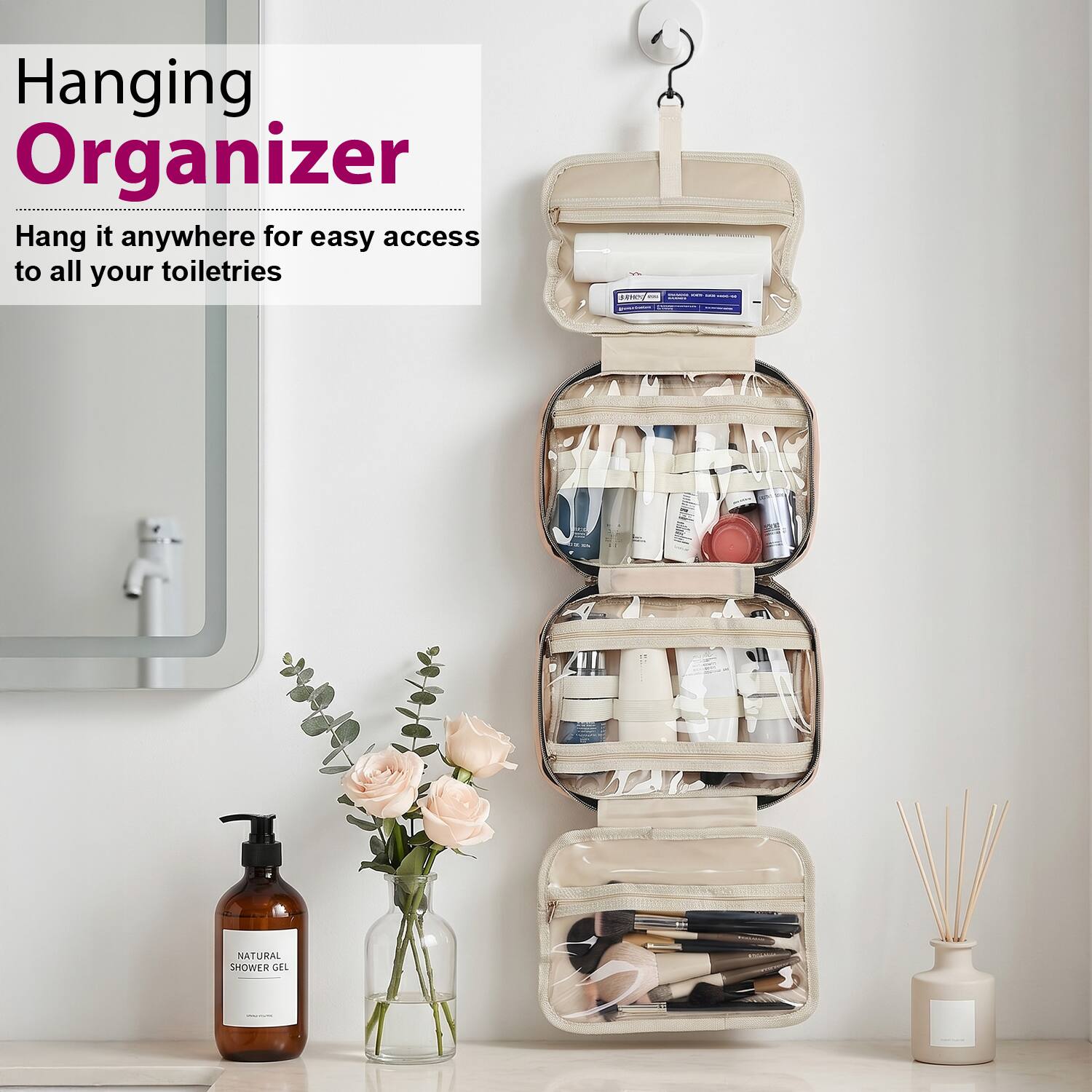 Hanging Organizer  
Hang it anywhere for easy access to all your toiletries  

NATURAL SHOWER GEL