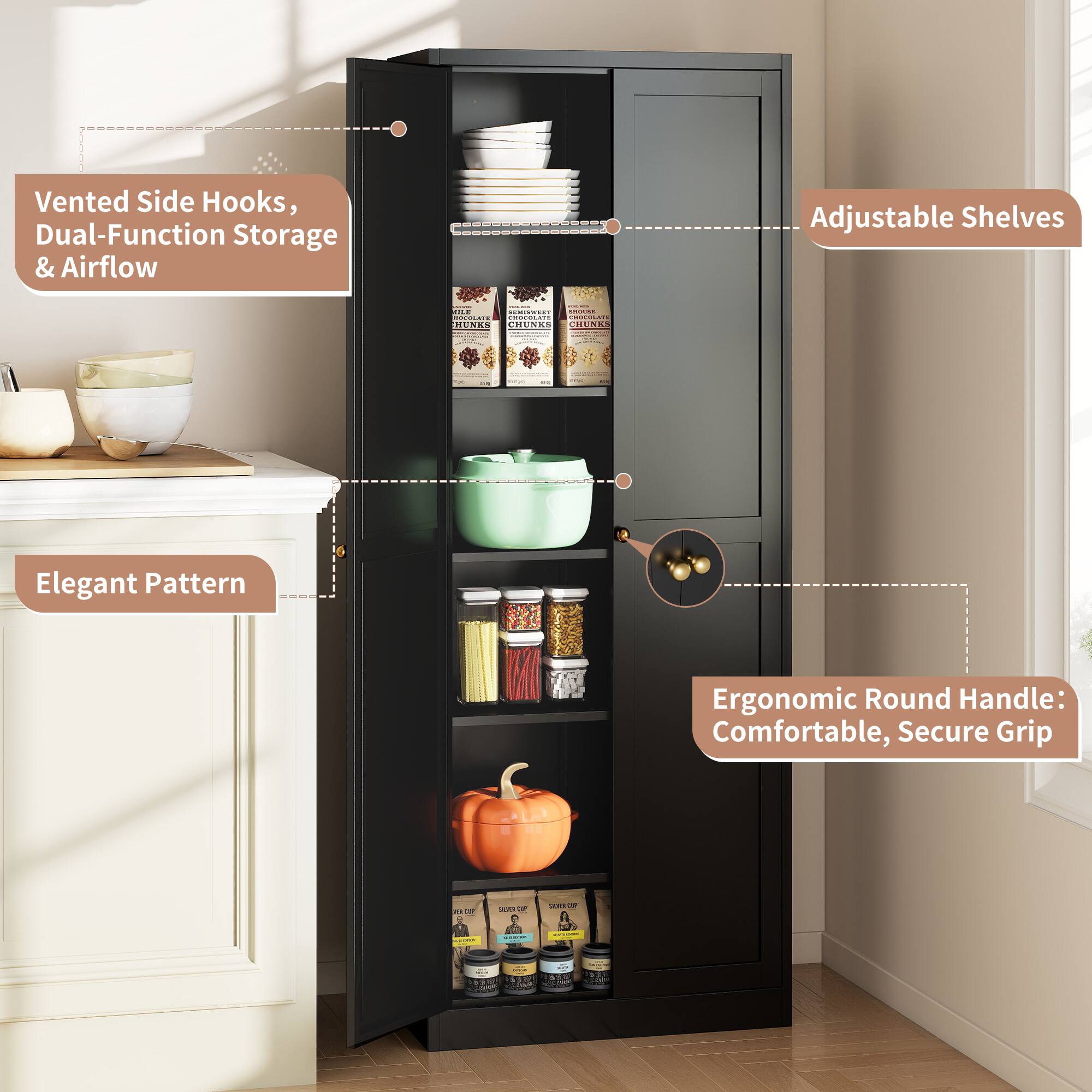 Vented Side Hooks, Dual-Function Storage & Airflow Adjustable Shelves

Elegant Pattern

Ergonomic Round Handle: Comfortable, Secure Grip