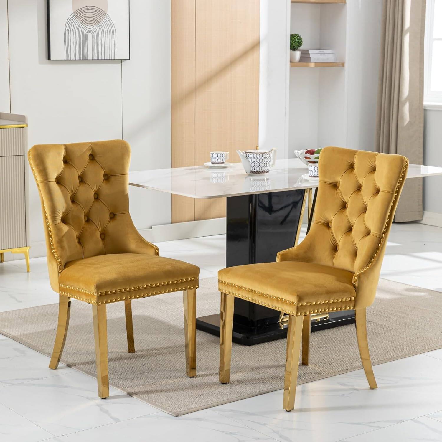 Trinkets Crazed - Velvet Dining Chair Set of 2 Upholstered Tufted Dining Room Chair with Nailhead Trim - Gold