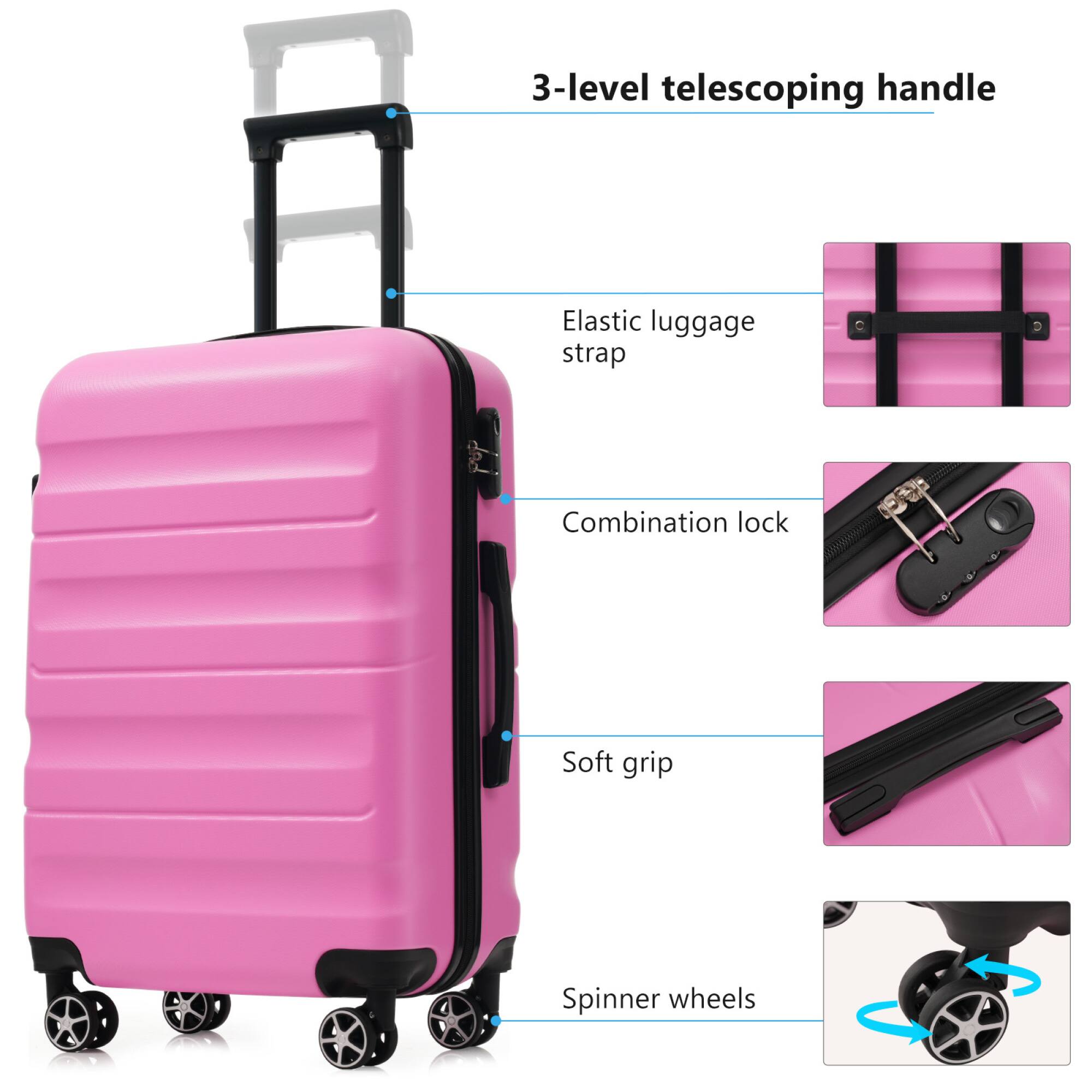 3-level telescoping handle  
Elastic luggage strap  
Combination lock  
Soft grip  
Spinner wheels