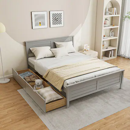 Front. Gymax - Gymax Full Size Wooden Bed Frame w/ 2 Storage Drawers & Under-bed Storage Gray - Gray.