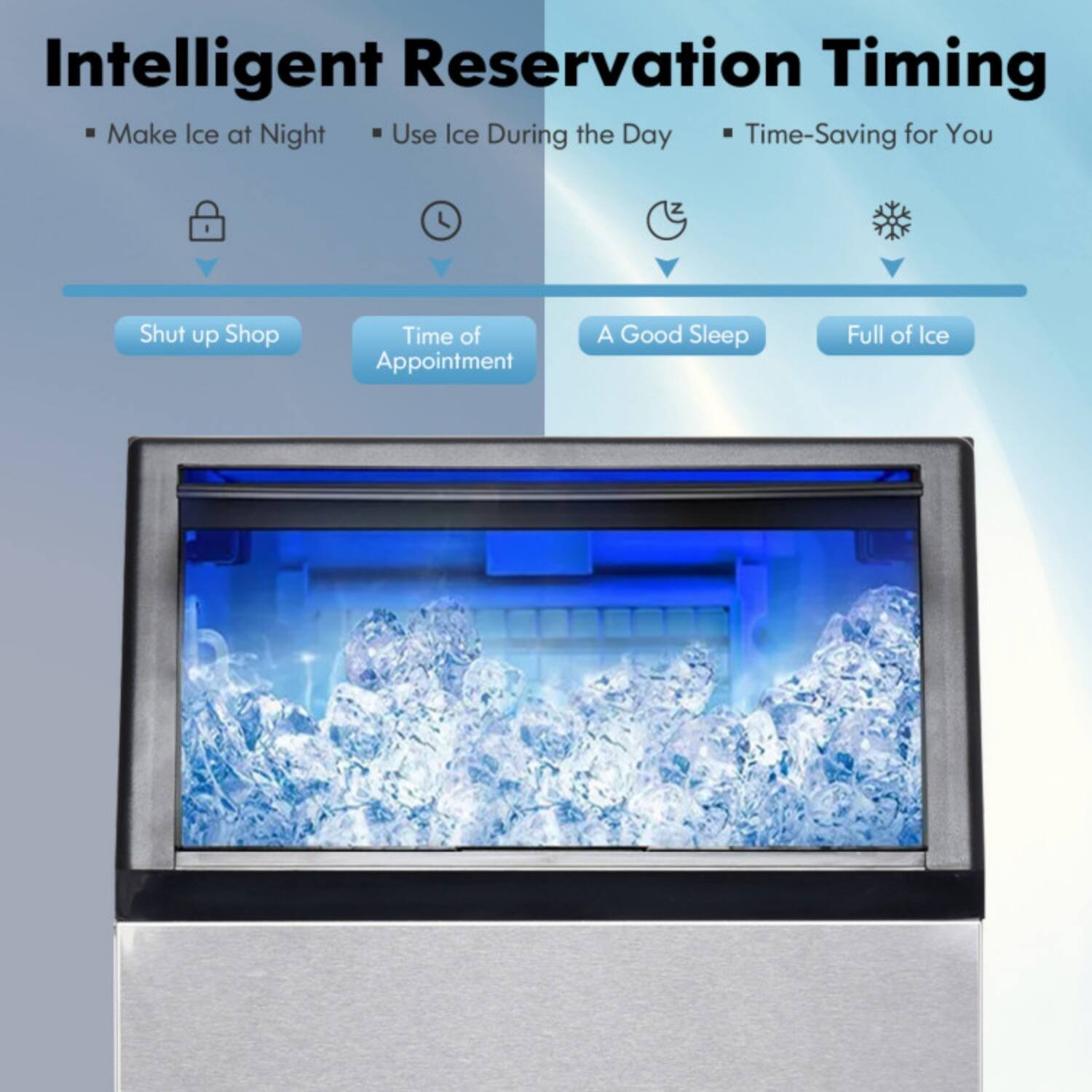 Intelligent Reservation Timing  
- Make Ice at Night  
- Use Ice During the Day  
- Time-Saving for You  

Shut up Shop  
Time of Appointment  
A Good Sleep  
Full of Ice