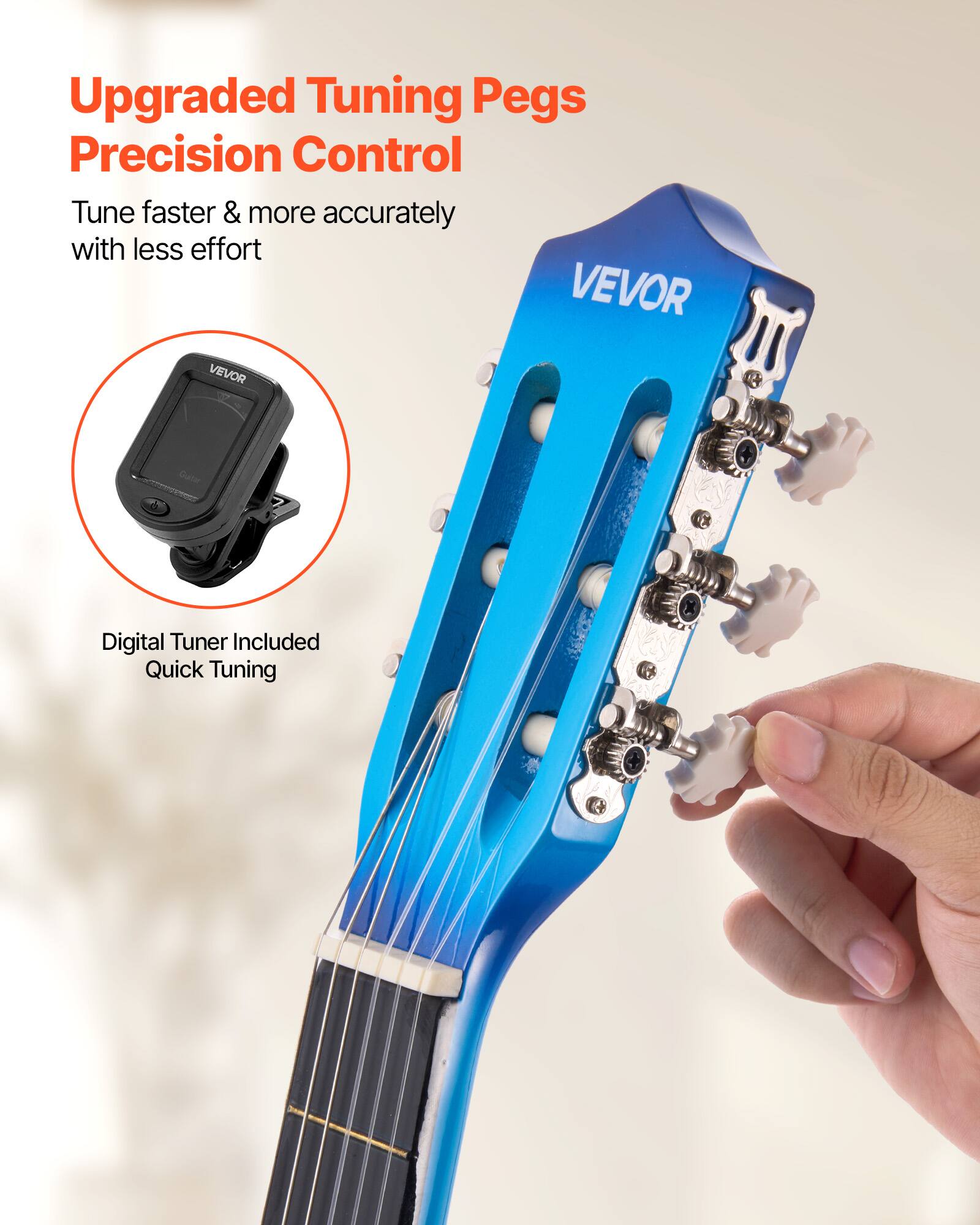 Upgraded Tuning Pegs  
Precision Control  
Tune faster & more accurately with less effort  

VEVOR  

Digital Tuner Included  
Quick Tuning