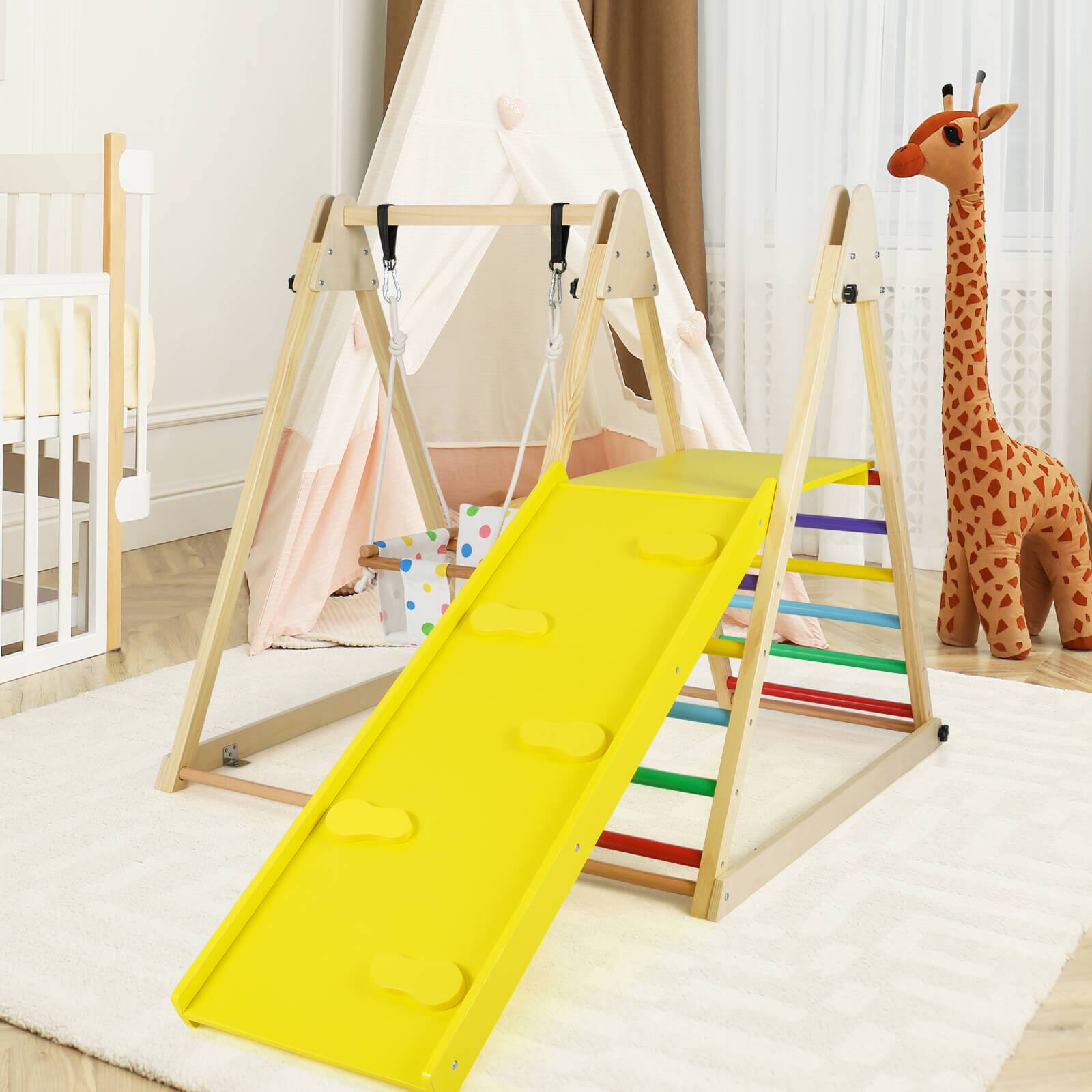 Alt View 1. Costway - Costway 4-in-1 Indoor Jungle Gym with Baby Swing, Climber, Ladder and Resting Platform - Yellow.