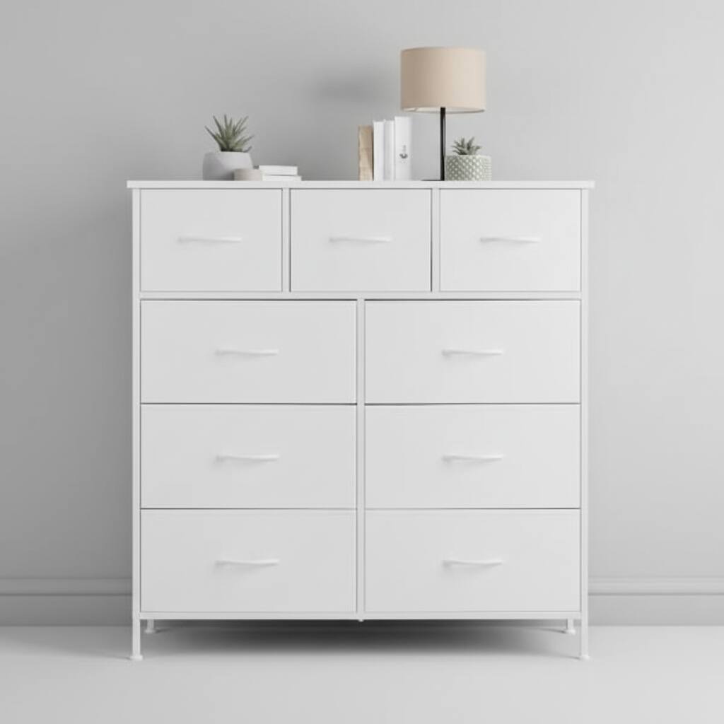 Front. AOITUN - 9-Drawer Dresser for Bedroom, White Clothes Storage Tower with Metal Frame - White.