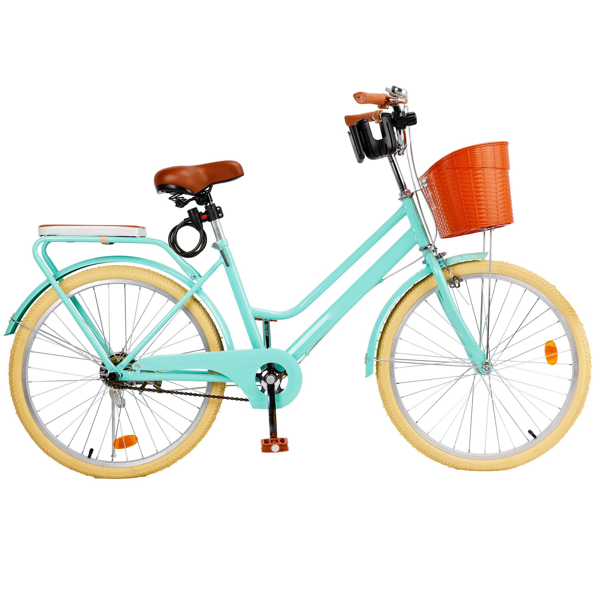 Left. Topteng - 24 inch Commuter Bicycle with Front Basket & Rear Rack, High Carbon Steel Frame, City Bike for Adult Men and Women-Green - Green.