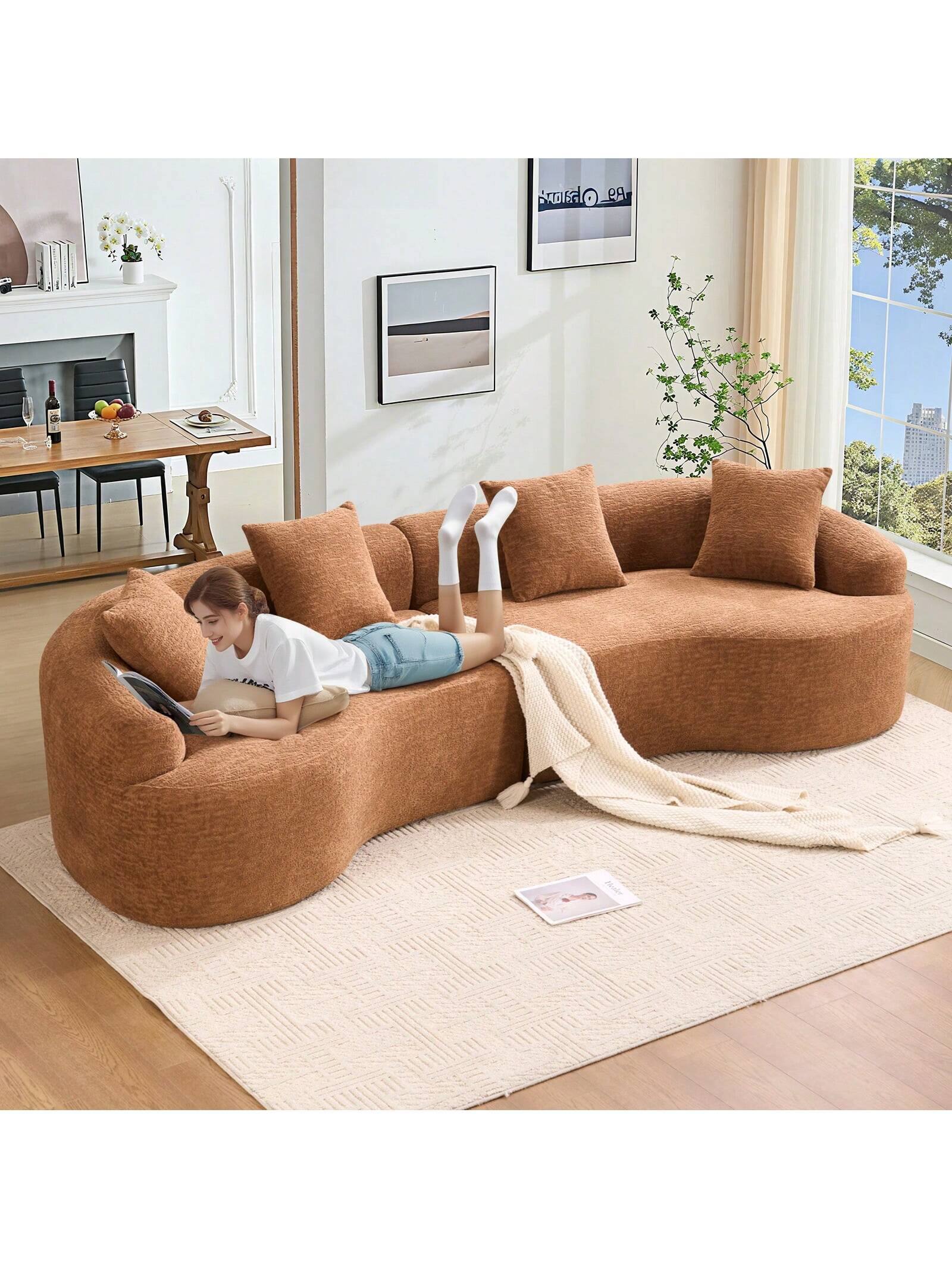 Alt View 2. Trinkets Crazed - 110" Curved Sectional Sofa For Living Room,Deep Seat Cloud Floor Couch With 4 Pillows,Chenille Upholstered Couch - Camel.