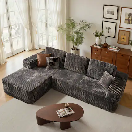Front. Ovios - 104" Modular Sectional Sofa with Chaise, Modern L Shaped Couch for Living Room - Grey(Plush Corduroy, Left Facing).