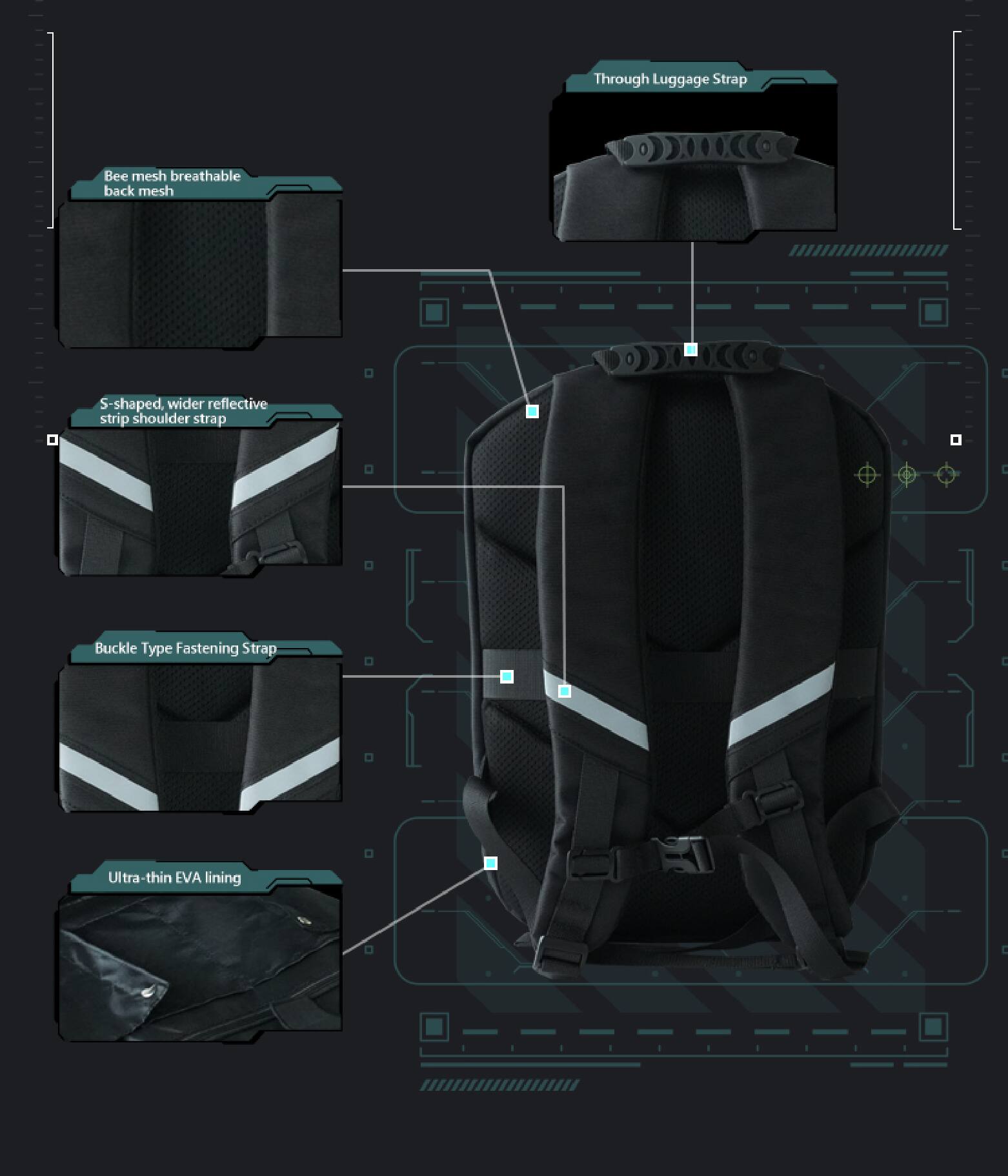 Through Luggage Strap  
Bee mesh breathable back mesh  
S-shaped, wider reflective strip shoulder strap  
Buckle Type Fastening Strap  
Ultra-thin EVA lining