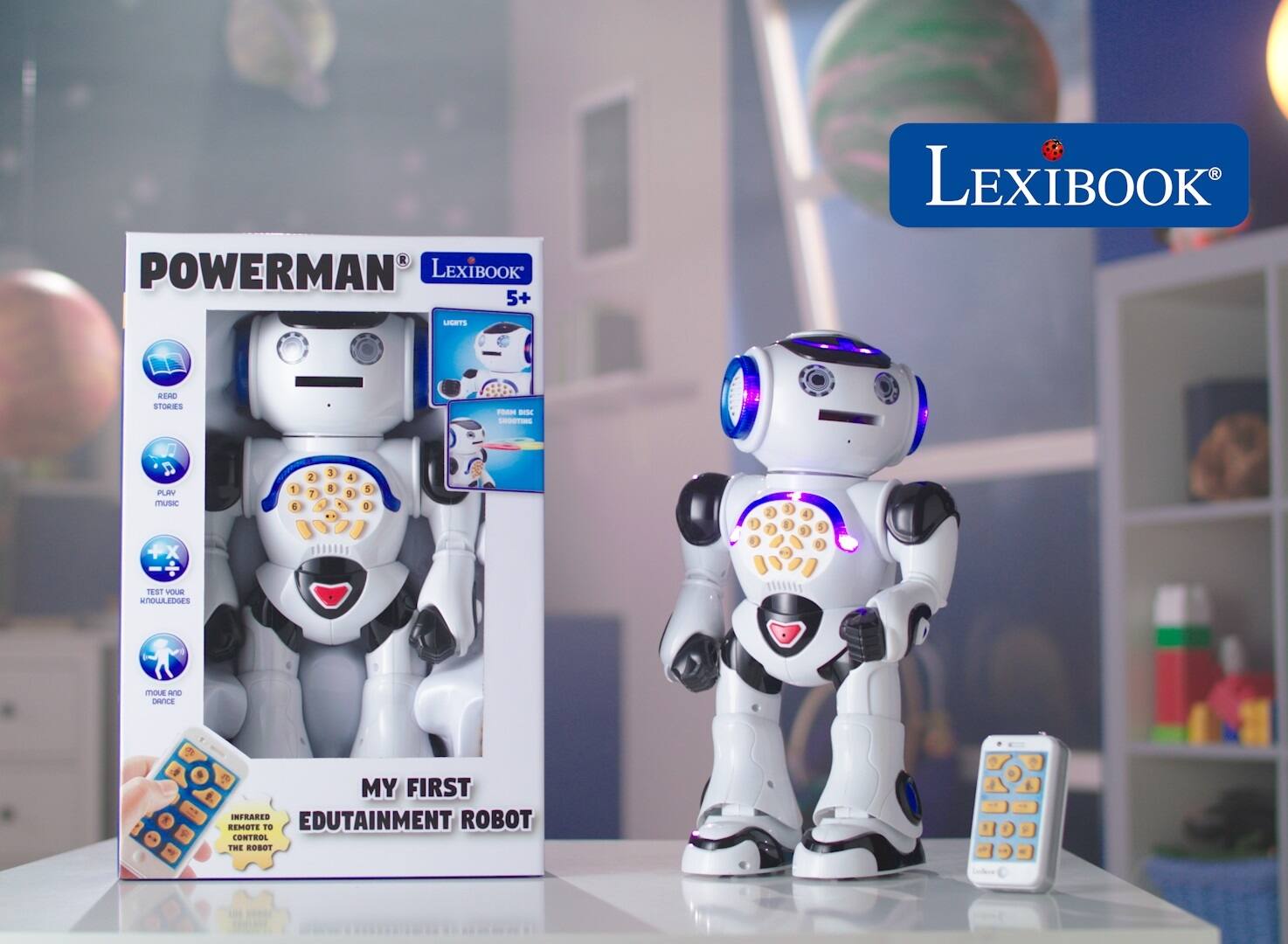 POWERMAN LEXIBOOK 5+ LEXIBOOK LERTE RERO STORIES -d - - PUN music X 1 1 2 7 1 a 4 3 5  1 1 4 1 D TEST VOLA KnowEDES mouE a DANCE   . MY FIRST INFRARED ROBOT REMOTE TO EDUTAINMENT .. F CONTROL THE ROBOT - 1 i