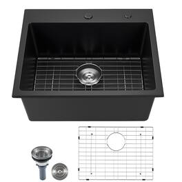 VEVOR - 25 inch Kitchen Sink Workstation,Top Mount Granite Sinks,Drop-In Single Bowl Farmhouse Basin with Multiple Accessories - Black