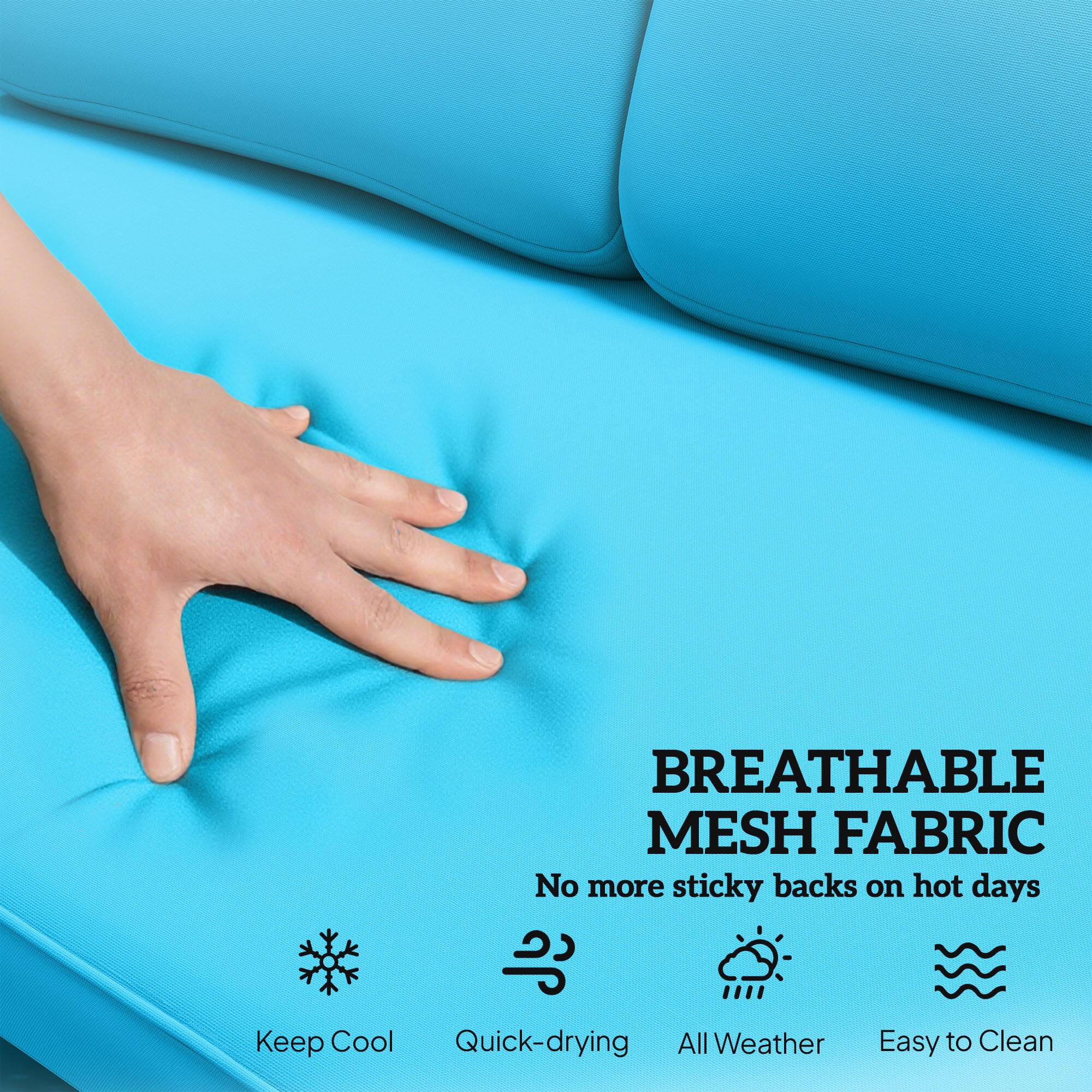 BREATHABLE MESH FABRIC  
No more sticky backs on hot days  
Keep Cool  
Quick-drying  
All Weather  
Easy to Clean