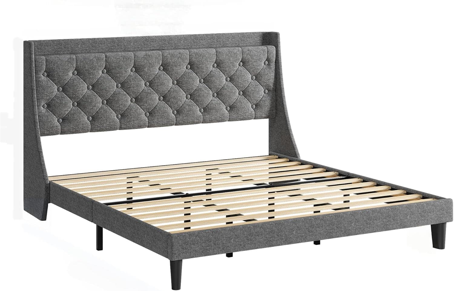 Qeetex - King Upholstered Platform Bed with Button Tufted Wingback Storage Headboard, Wood Slats, Charging Station, Noise-Free - Gray