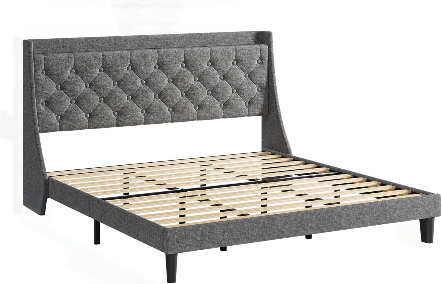 Front. Qeetex - King Upholstered Platform Bed with Button Tufted Wingback Storage Headboard, Wood Slats, Charging Station, Noise-Free - Grey.