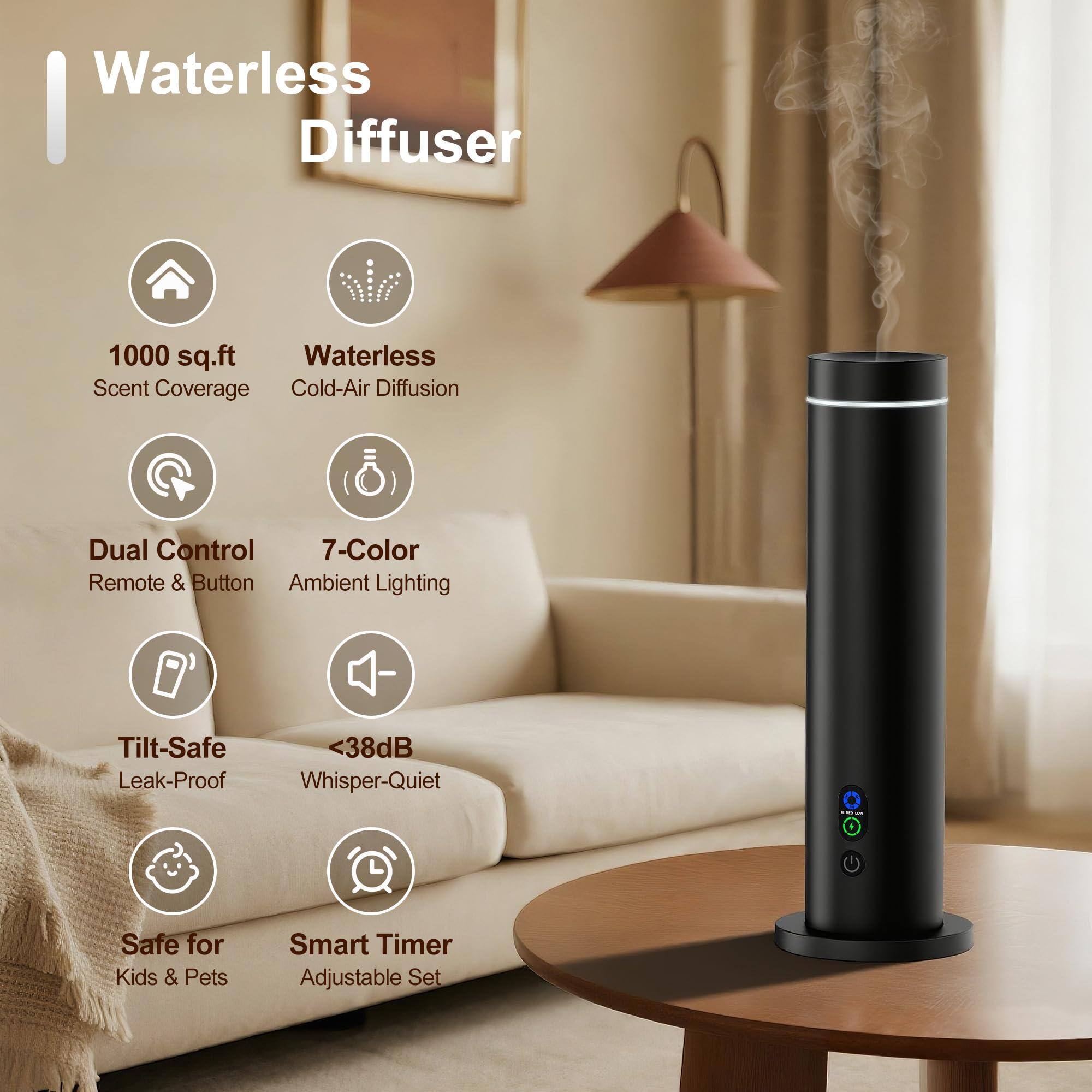 Waterless Diffuser

- 1000 sq.ft Scent Coverage
- Waterless Cold-Air Diffusion
- Dual Control Remote & Button
- 7-Color Ambient Lighting
- Tilt-Safe Leak-Proof
- <38dB Whisper-Quiet
- Safe for Kids & Pets
- Smart Timer Adjustable Set