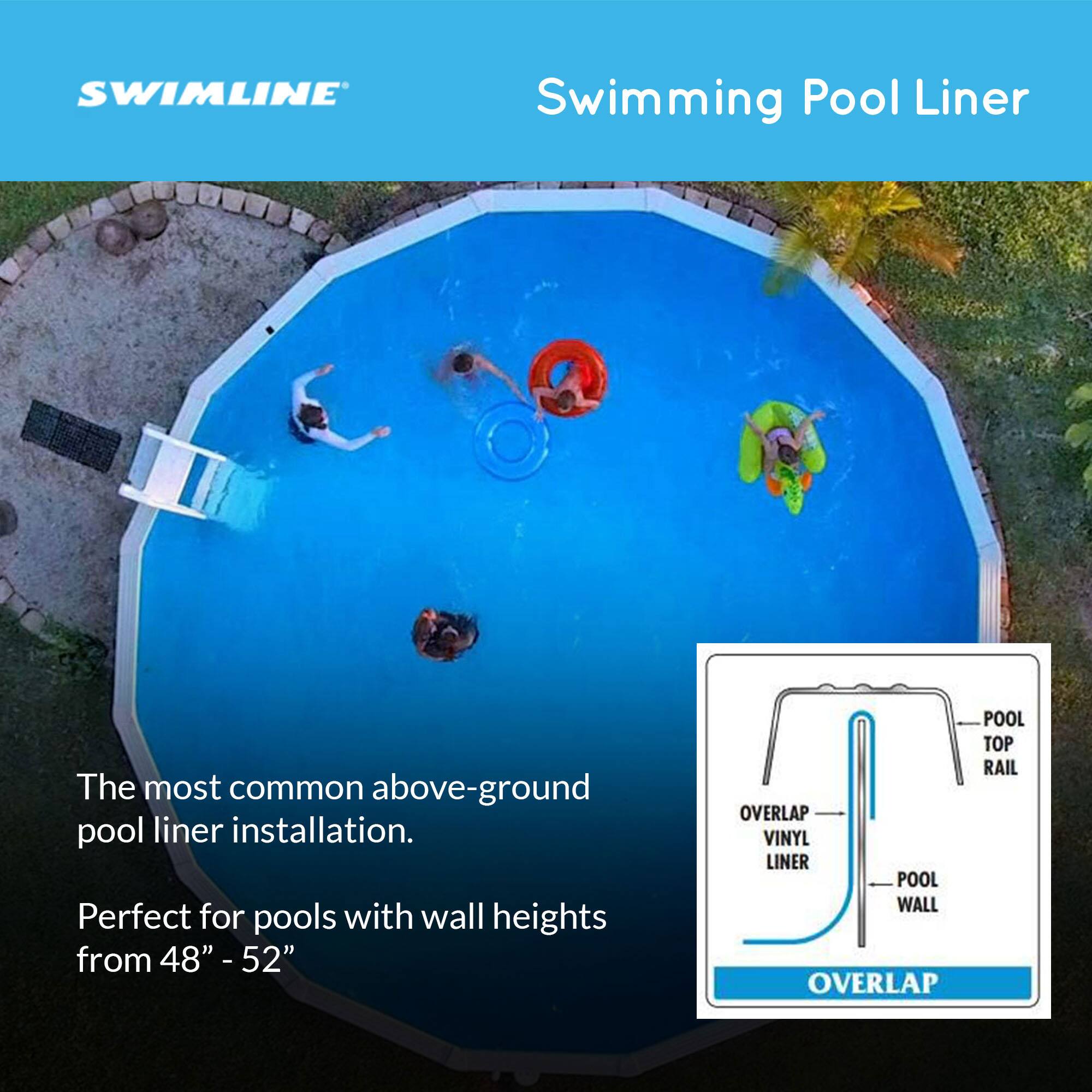 SWIMLINE Swimming Pool Liner

The most common above-ground pool liner installation. Perfect for pools with wall heights from 48" - 52"

POOL TOP RAIL OVERLAP VINYL LINER POOL WALL OVERLAP