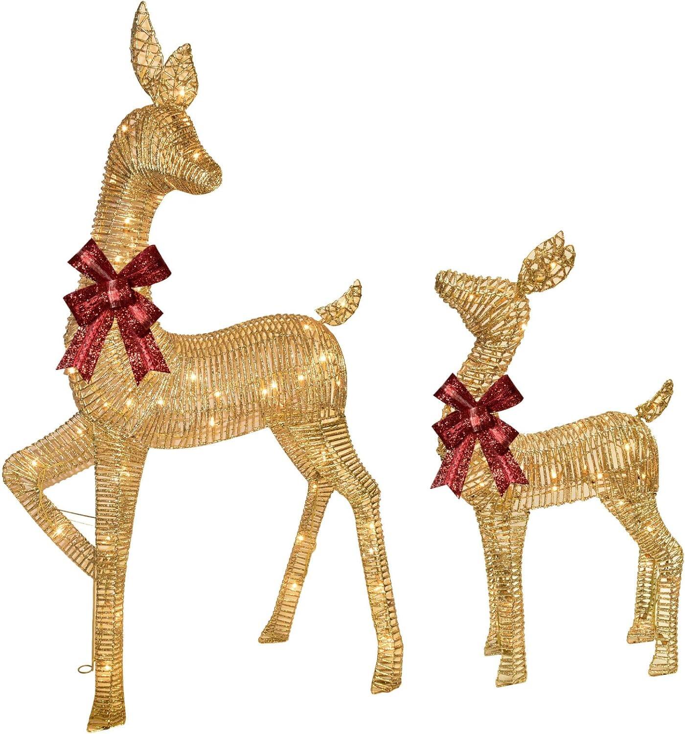 Front. Wikistore - WIKISTORE 2-Piece Large Lighted Christmas Deer Outdoor Yard Decoration Rattan Reindeer 85 LED Gold.