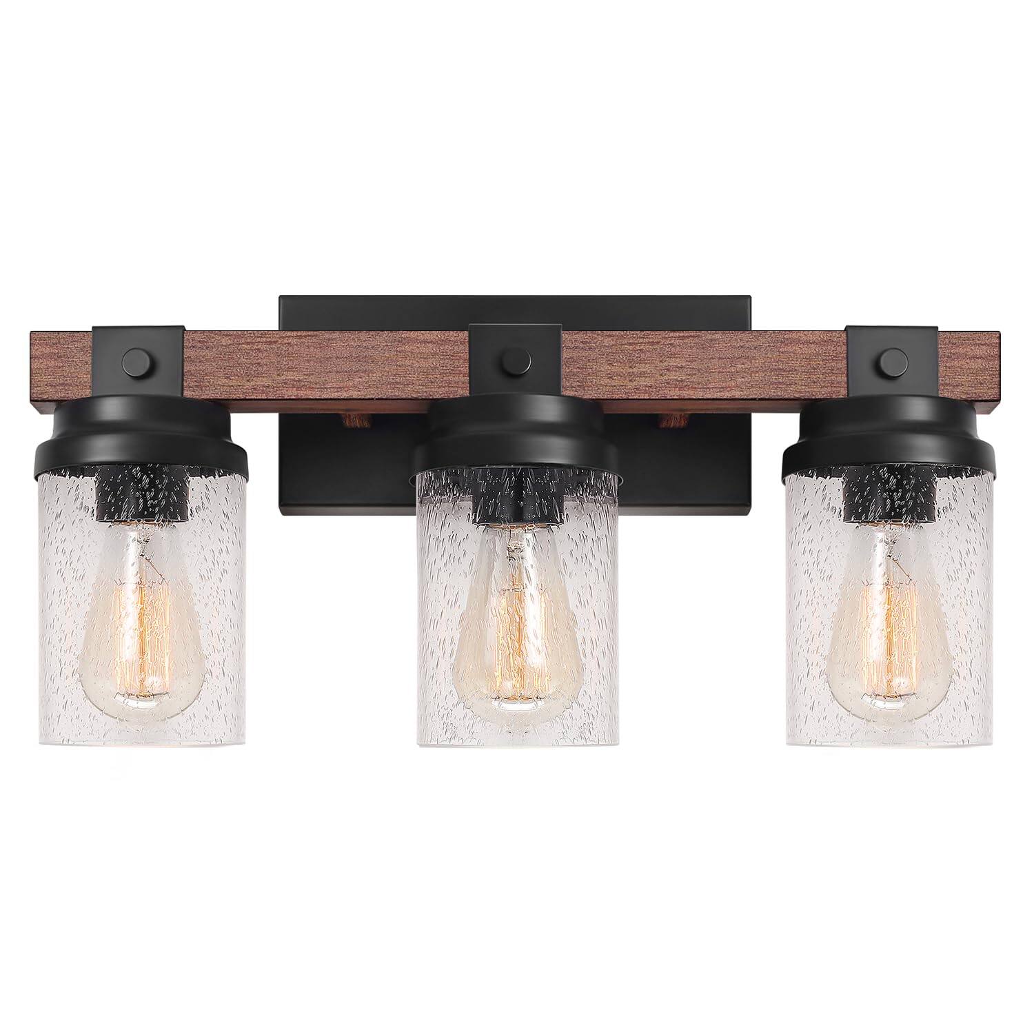 Front. HM 1810 - Light Farmhouse Vanity Rustic Bathroom Over Mirror With Clear Glass Shade Wood Grain Vintage Wall Sconces F - 3 Light.