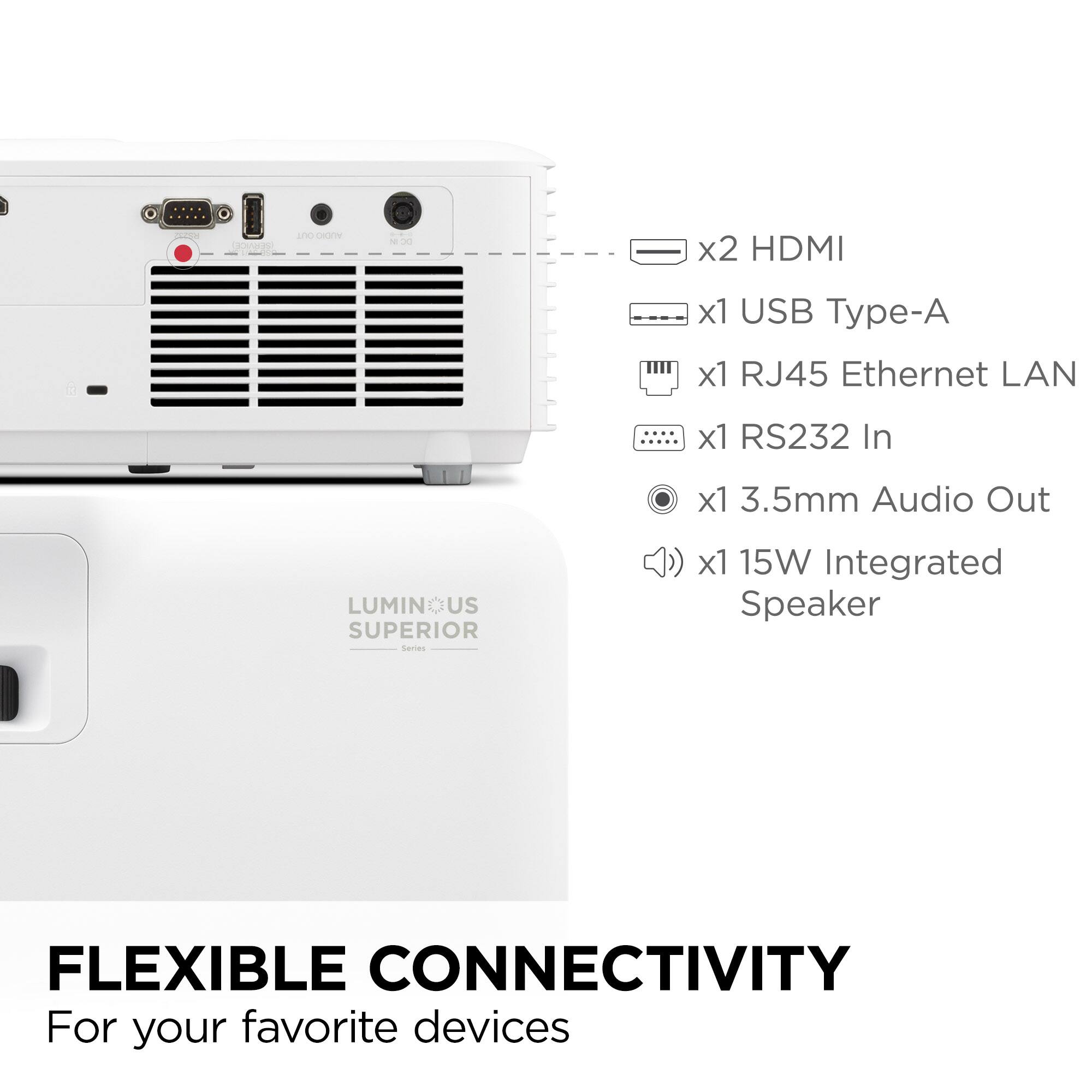 The text on the image reads: "LUMINUS SUPERIOR Series x1 15W Integrated Speaker FLEXIBLE CONNECTIVITY For your favorite devices x1 3.5mm Audio Out x1 RS232 In x1 RJ45 Ethernet LAN x1 USB Type-A x1 x2 HDMI x1 3.5mm Audio Out x1 3.5mm Audio Out x1 3.5mm Audio Out x1 3.5mm Audio Out x1 3.5mm Audio Out x1 3.5mm Audio Out x1 3.5mm Audio Out x1 3.5mm Audio Out x1 3.5mm Audio Out x1 3.5mm Audio Out x1 3.5mm Audio Out x1 3.5mm Audio Out x1 3.5mm Audio Out x1 3.5mm Audio Out x1 3.5mm Audio Out x1 3.5mm Audio Out x1 3.5mm Audio Out x1 3.5mm Audio Out x1 3.5mm Audio Out x1 3.5mm Audio Out x1 3.5mm Audio Out x1 3.5mm Audio Out x1 3.5mm Audio Out x1 3.5mm Audio Out x1 3.5mm Audio Out x1 3.5mm Audio Out x1 3.5mm Audio Out x1 3.5mm Audio Out x1 3.5mm Audio Out x1 3.5mm Audio Out x1 3.5mm Audio Out x1 3.5mm Audio Out x1 3.5mm Audio Out x1 3.5mm Audio Out x1 3.5mm Audio Out x1 3.5mm Audio Out x1 3.5mm Audio Out x1 3.5mm Audio Out x1 3.5mm Audio Out x1 3.5mm Audio Out x1 3.5mm Audio Out x1 3.5mm Audio Out x1 3.5mm Audio Out x1 3.5mm Audio Out x1 3.5mm Audio Out x1 3.5mm Audio Out x1 3.5mm Audio Out x1 3.5mm