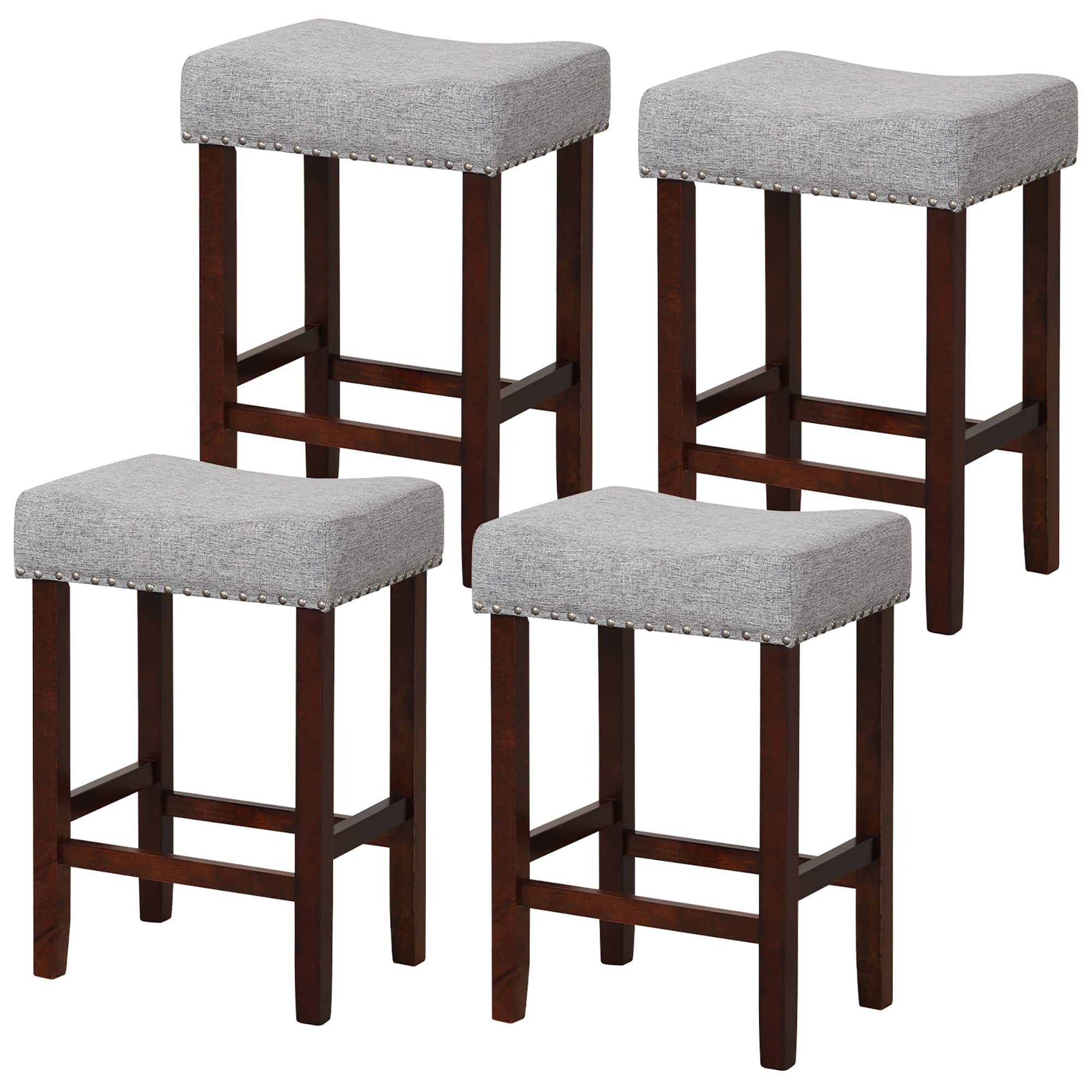 Gymax - Set of 4 Bar Stools Counter Height Saddle Kitchen Chairs w/ Wooden Legs Gray - Gray + Brown