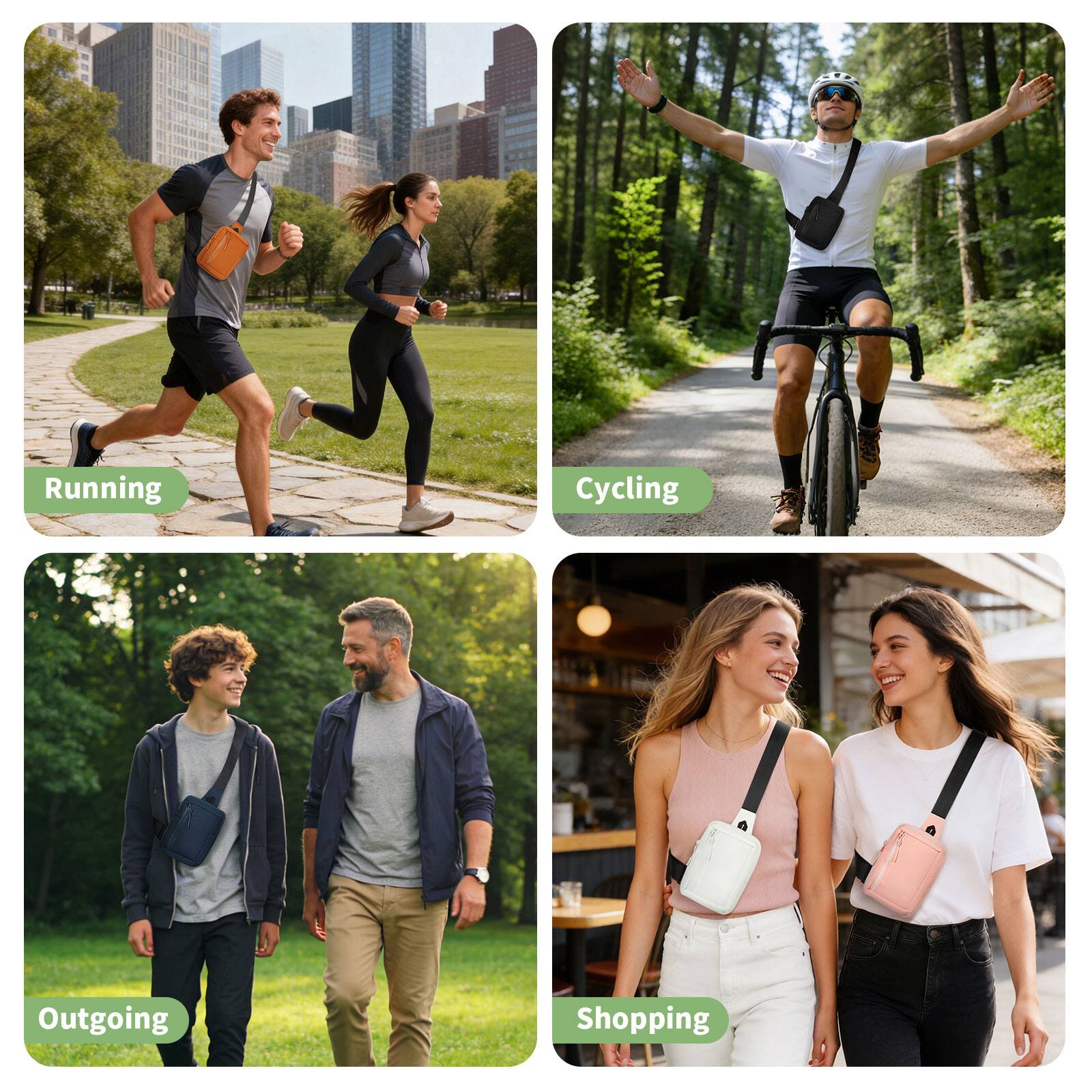 - Running
- Cycling
- Outgoing
- Shopping