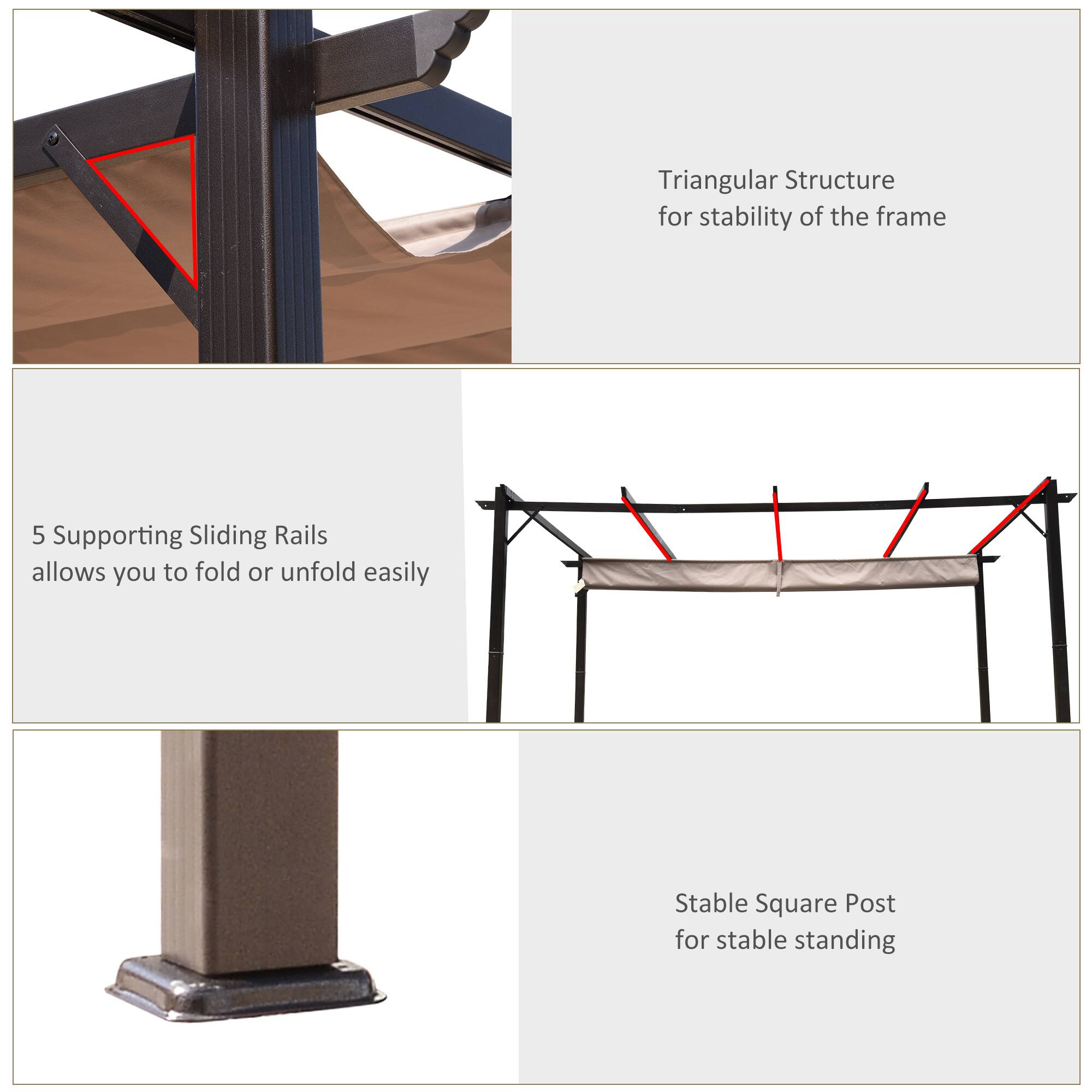 Triangular Structure for stability of the frame, 5 Supporting Sliding Rails allows you to fold or unfold easily, Stable Square Post for stable standing