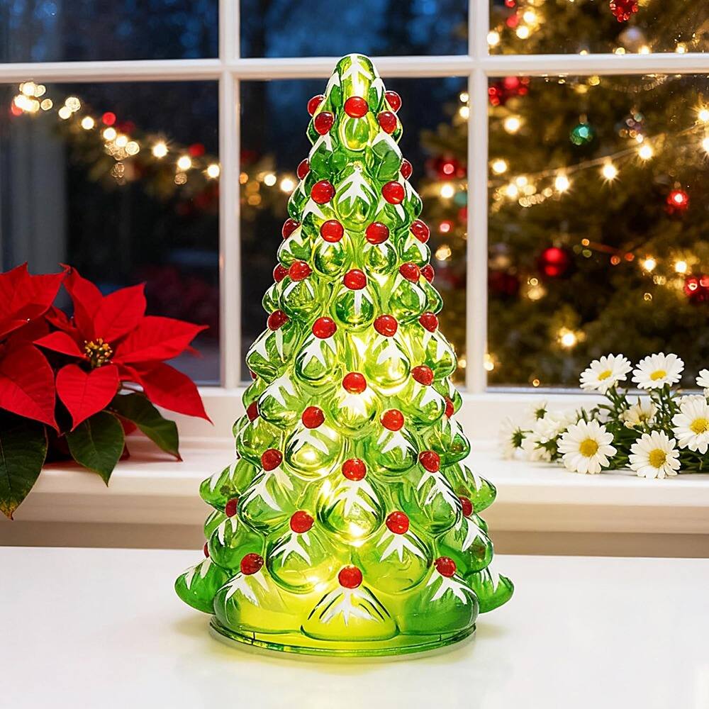 Back. RTMB - Hand-Painted Glass Christmas Tree with Timer, Lighted Tabletop Tree Lamp, Battery-Operated Holiday Decor, 8" - Green.