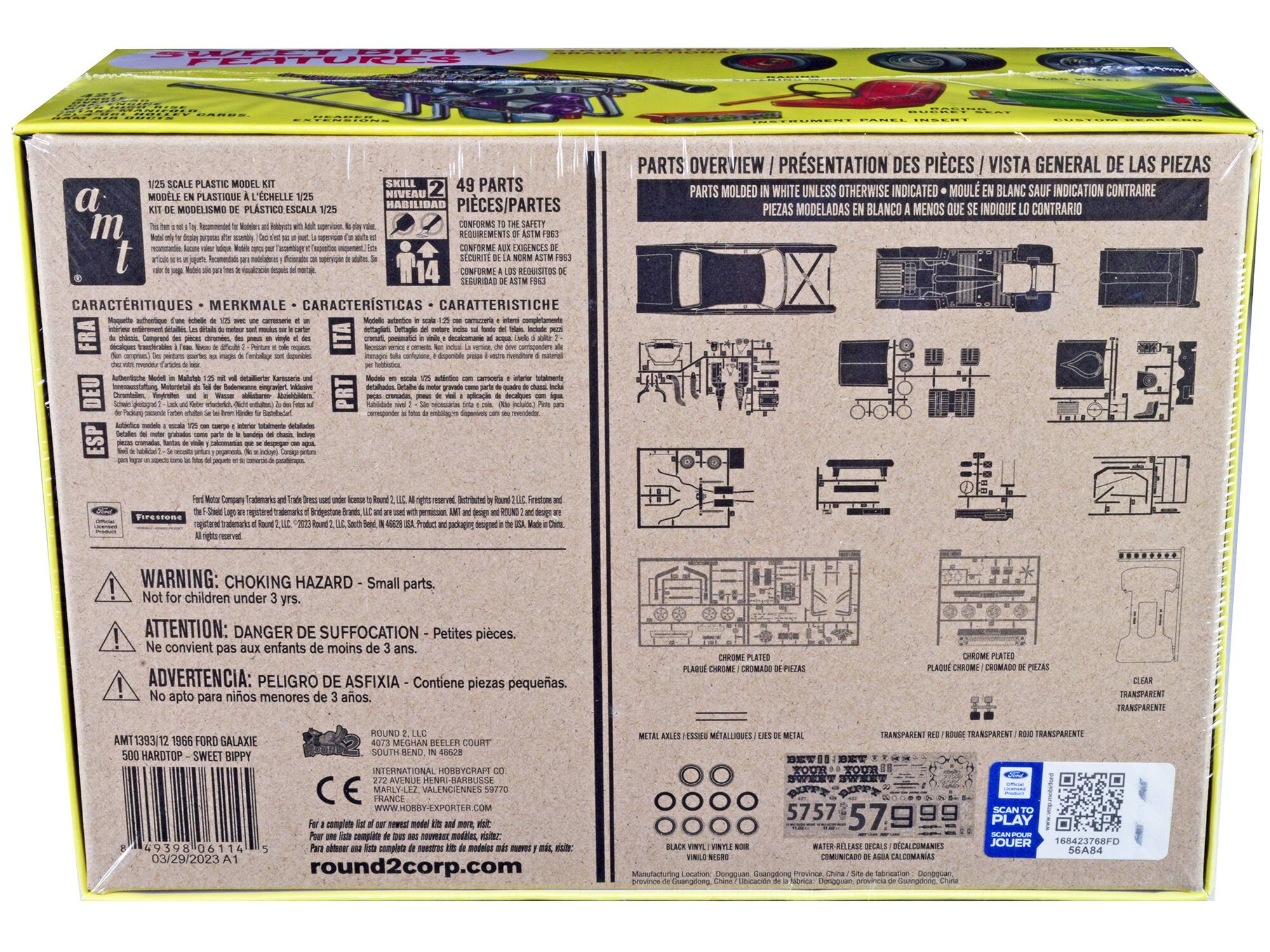 Sure, here is the corrected and grouped text from the image:

---

**Front Side:**

- **a.m.t**
- **1/25 SCALE PLASTIC MODEL KIT**
- **MODELE EN PLASTIQUE A L'ÉCHELLE 1/25**
- **KIT DE MODELO DE PLÁSTICO ESCALA 1/25**
- **SKILL LEVEL 4**
- **NIVEAU HABILITATION 4**
- **HABILIDAD 4**
- **CARACTERÍSTIQUES - MERKMALE - CARACTERÍSTICAS - CARATTERISTICHE**
- **49 PARTS**
- **PIÈCES/PARTES**
- **CONFORME AUX EXIGENCES DE LA NORME ASTM F963**
- **CONFORME A LOS REQUISITOS DE SEGURIDAD DE ASTM F963**
- **CONFORME A LAS REQUISITOS DE SEGURIDAD DE ASTM F963**
- **WARNING: CHOKING HAZARD - Small parts. Not for children under 3 yrs.**
- **ATTENTION: DANGER DE SUFFOCATION - Petites