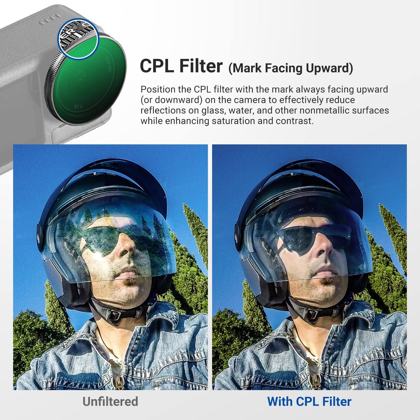 CPL Filter (Mark Facing Upward)

Position the CPL filter with the mark always facing upward (or downward) on the camera to effectively reduce reflections on glass, water, and other nonmetallic surfaces while enhancing saturation and contrast.

Unfiltered

With CPL Filter