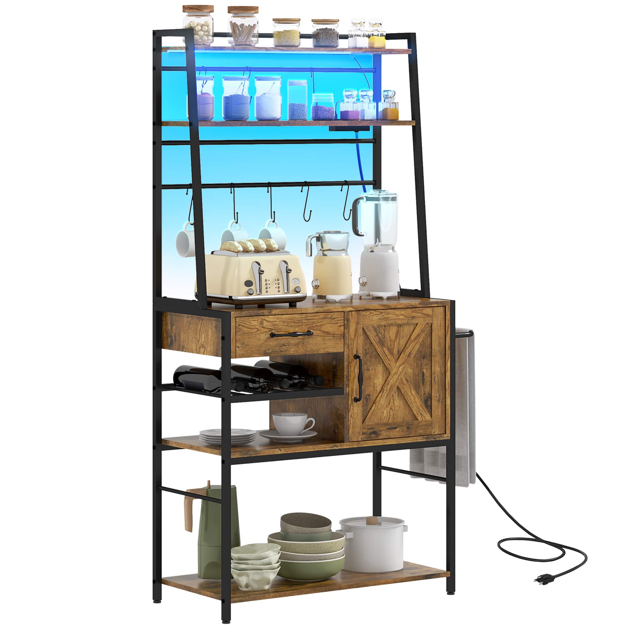 Homcom - Baker's Rack with Power Outlet and LED Lights, Coffee Bar Cabinet with Storage Shelves, Industrial Microwave Stand