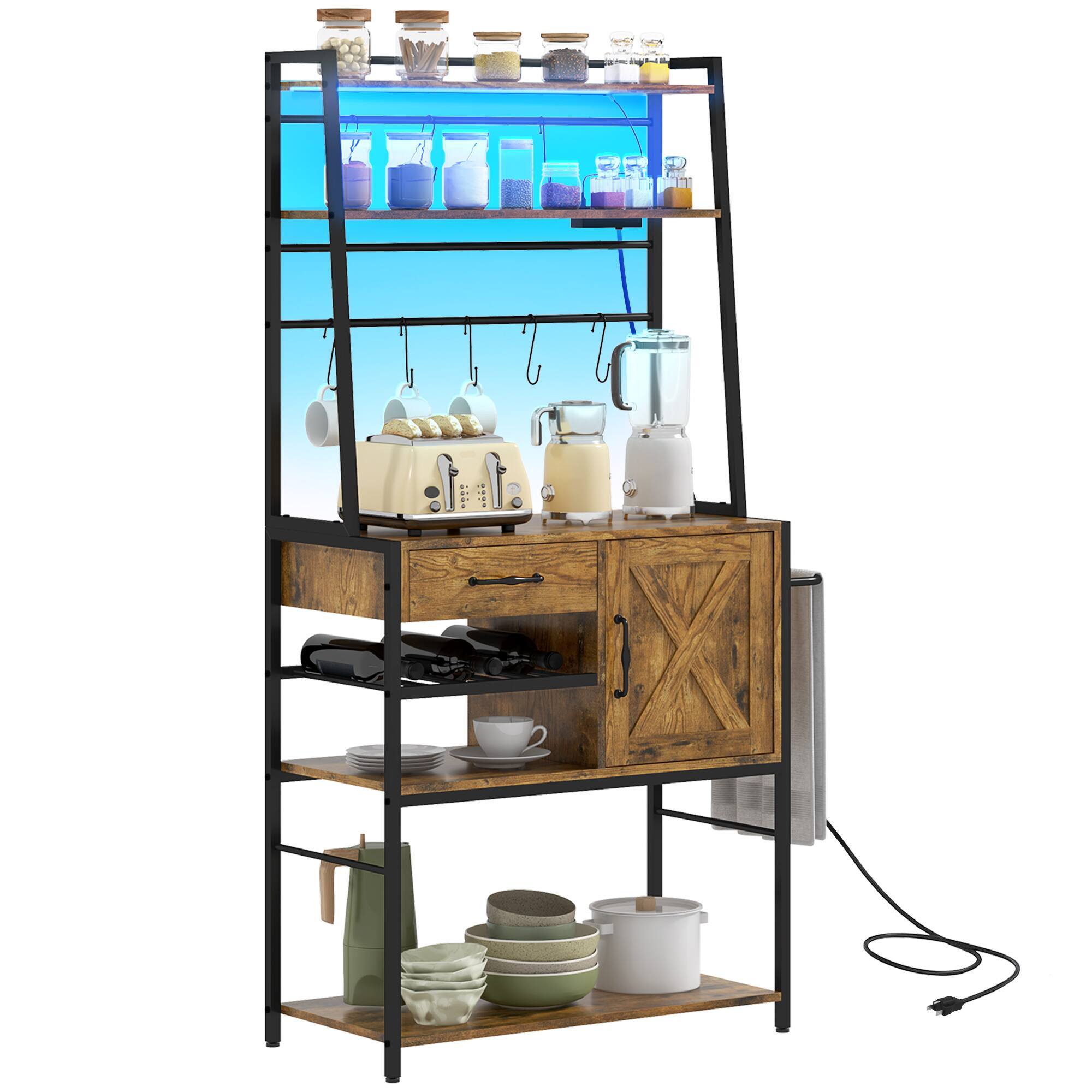 Front. Homcom - Baker's Rack with Power Outlet and LED Lights, Coffee Bar Cabinet with Storage Shelves, Industrial Microwave Stand.