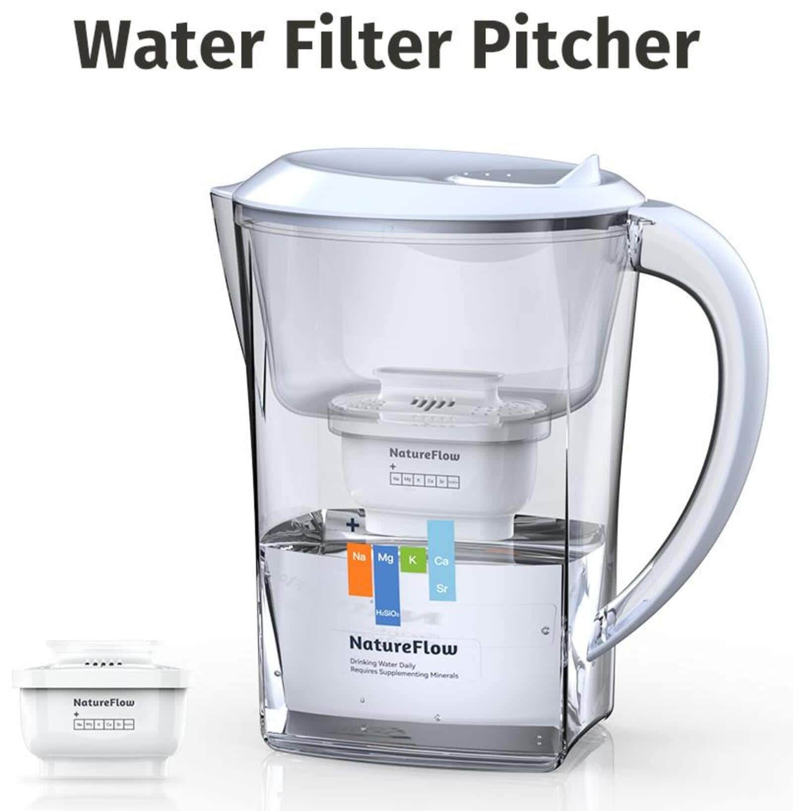 NatureFlow - Water Filter Pitcher with 5 Filters, 4-Layer Filtration System, Reduces Lead, Chlorine, Odors & 36 Contaminants - Transparent