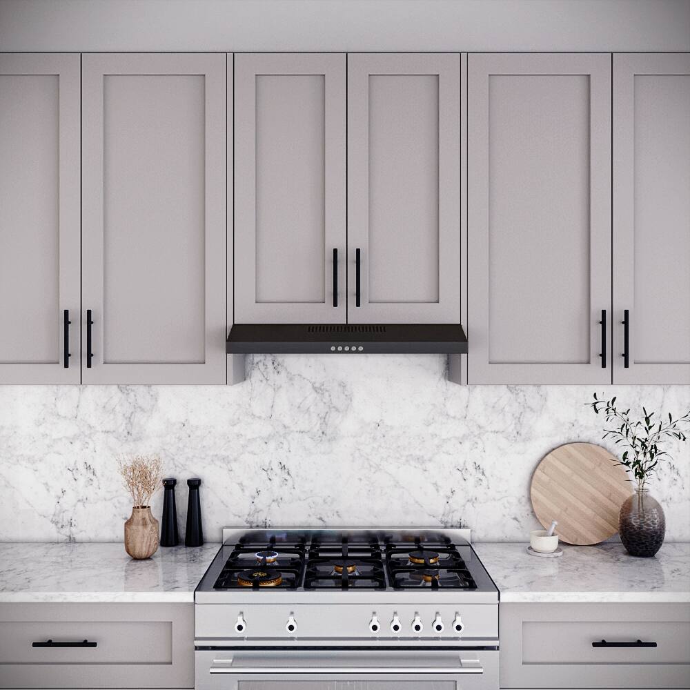 Left. Streamline - 30 in. Domenico Ducted Undermount 80 CFM Range Hood, Mesh Filters, Push Button Control, LED Light - Grit Black.