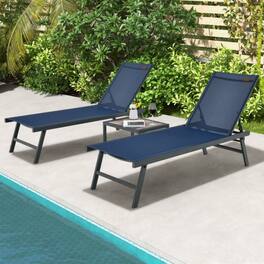 Mondawe - 3 Pcs Patio Chaise Lounge Set w 2 Chairs & Table 6-Level Backrest Aluminum Frame for Poolside - Navy