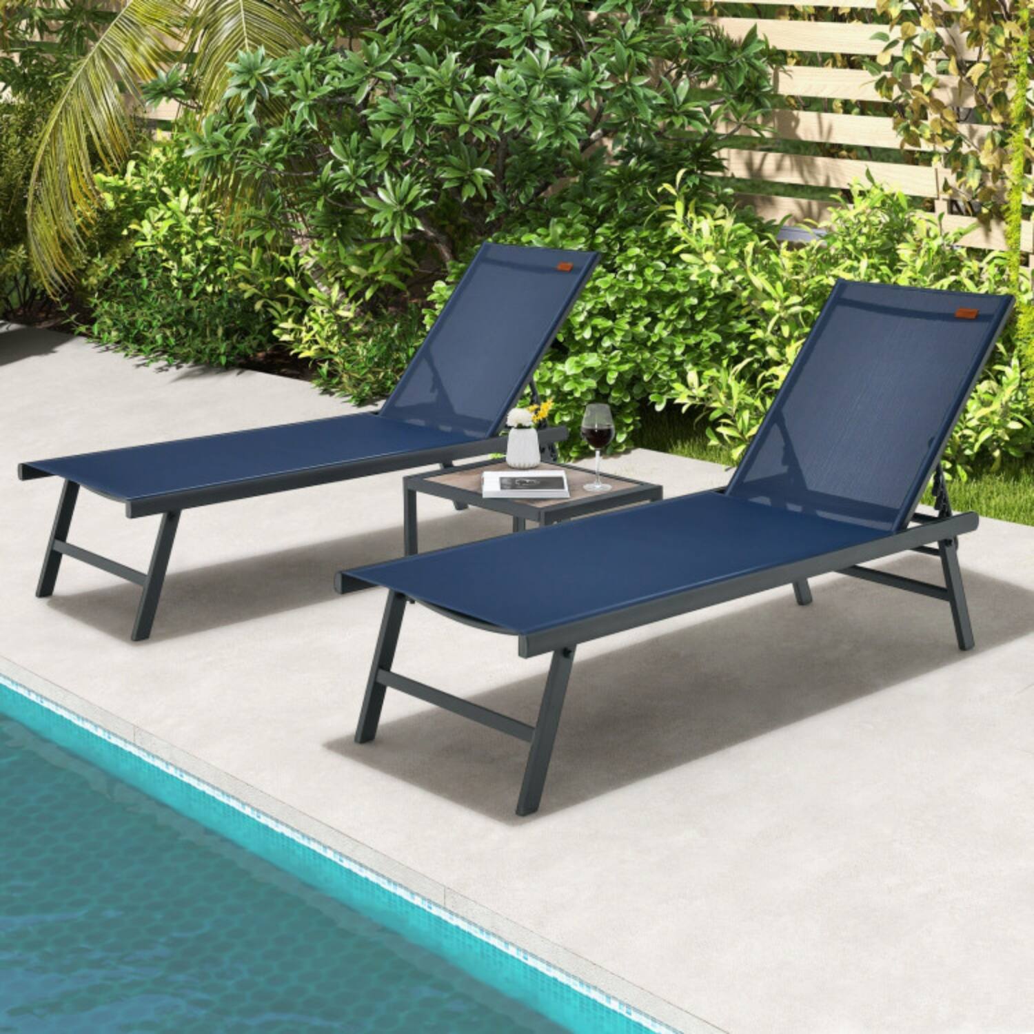 Front. Mondawe - 3 Pcs Patio Chaise Lounge Set w 2 Chairs & Table 6-Level Backrest Aluminum Frame for Poolside - Navy.