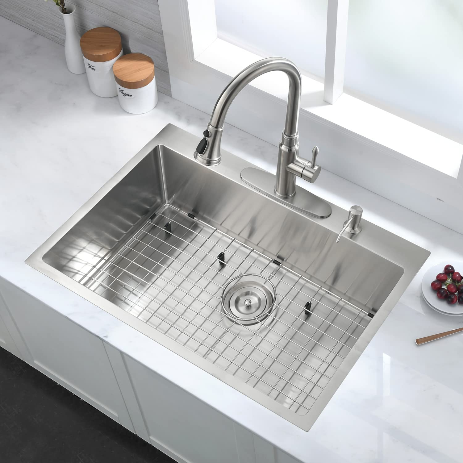 Alt View 1. TinyHomie - 30 Inch 2-Hole Single Bowl Drop-In Stainless Steel Kitchen Sink with Bottom Grid and Basket Strainer - brown.