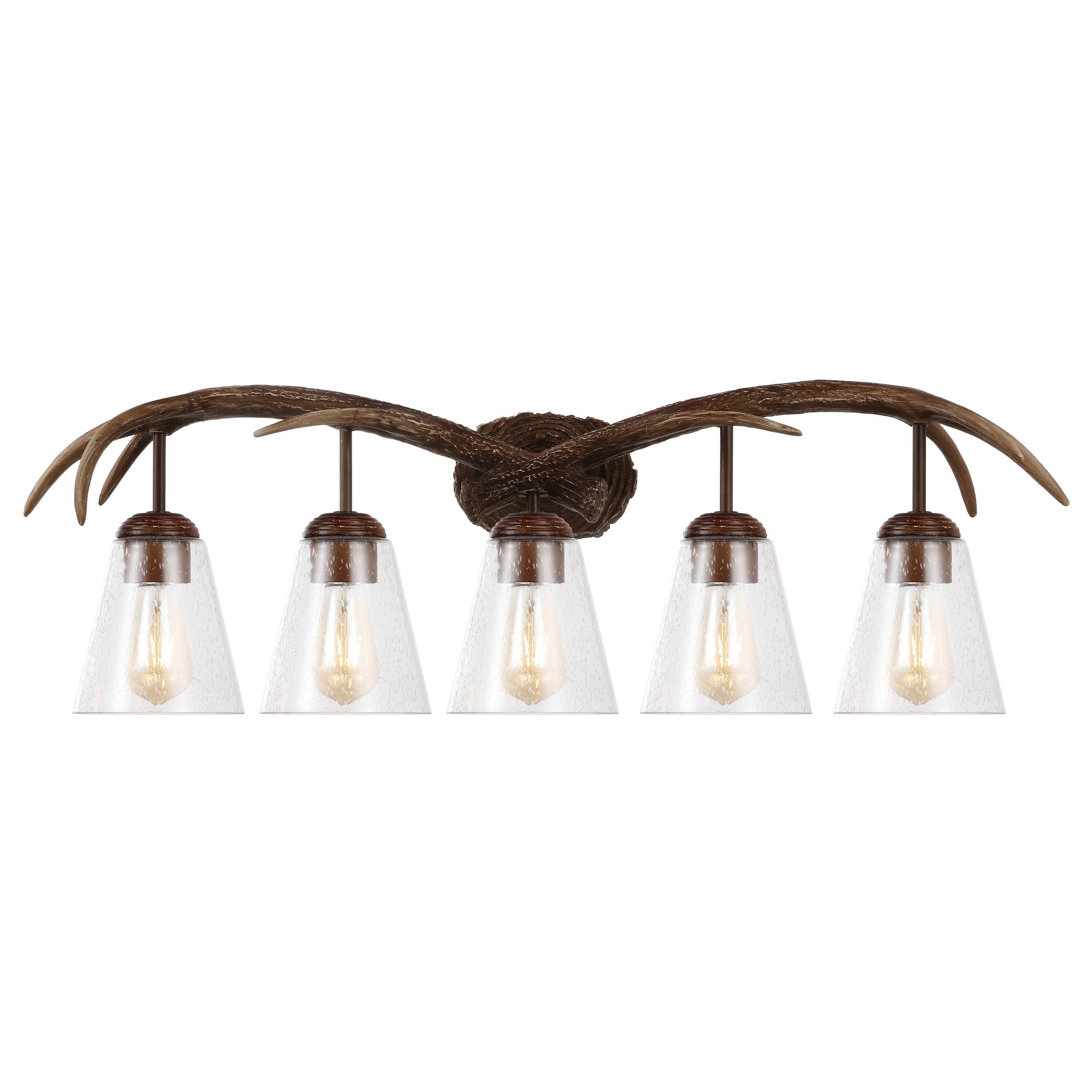 Front. Jonathan Y - Wyatt 37.75" 5-Light Southwestern Bohemian Resin/Seeded Glass Faux Antler LED Vanity Light, Brown Wood Finish - Brown Wood Finish.
