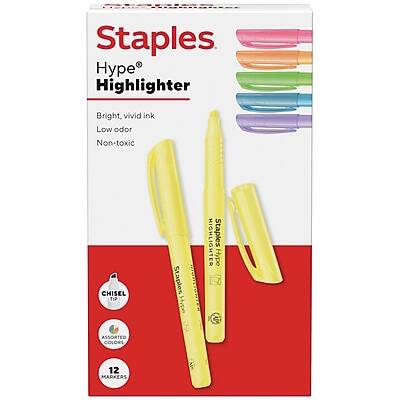 Staples Hype Highlighter  
Bright, vivid ink  
Low odor  
Non-toxic  

CHISEL TIP  

Staples Hype 7 Assorted Colors  
12 Markers