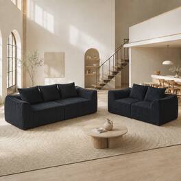 Anysun - 2+3-Seater Minimalist Corduroy Sofa with Curved Lines & Horn-Shaped Throw Pillows – Ergonomic Modular Cloud Sofa - Black
