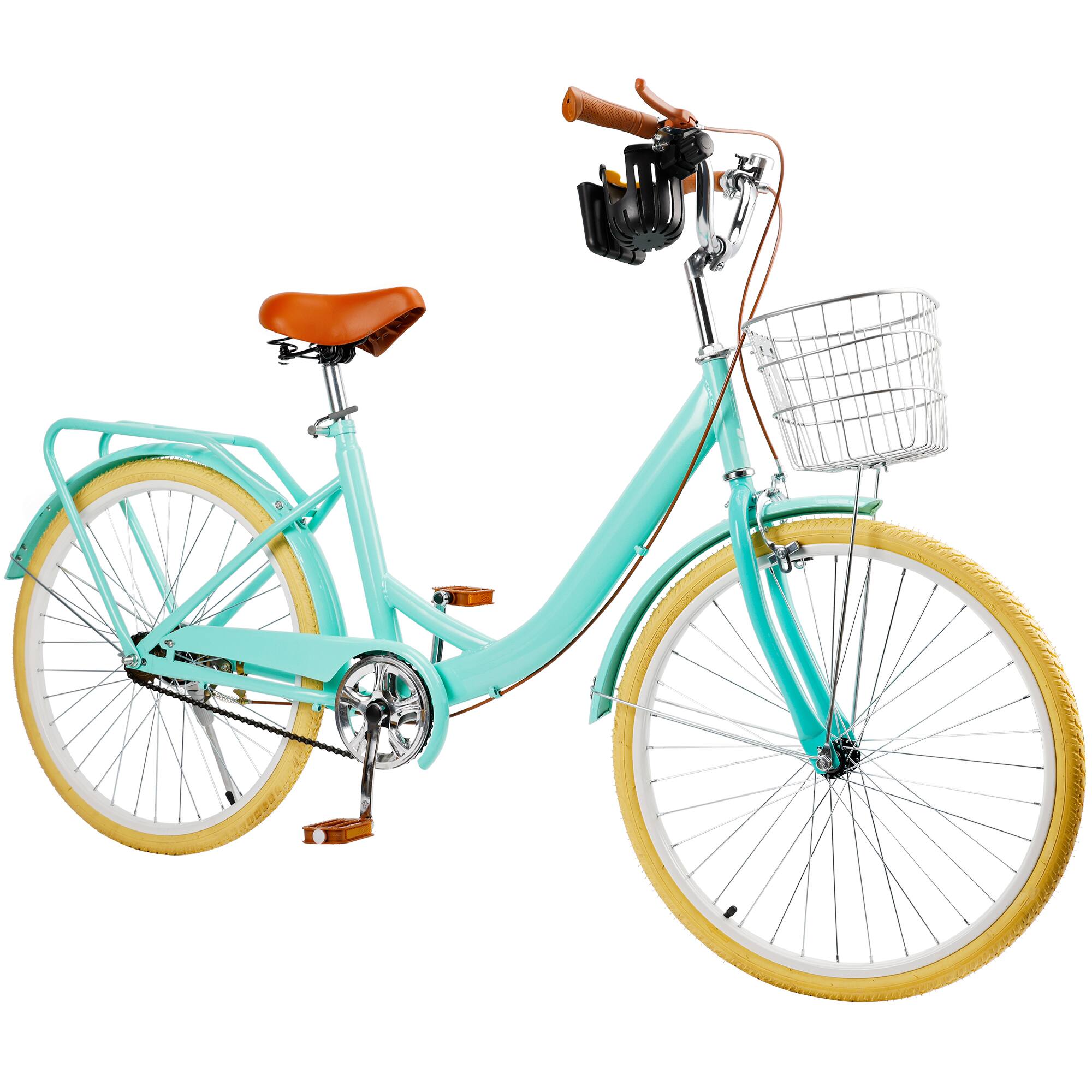 Angle. Topteng - 24 Inch City Cruiser Bike For Adult with Front Basket & Rear Rack High Carbon Steel Frame, Dual Brakes Bicycle - Green.