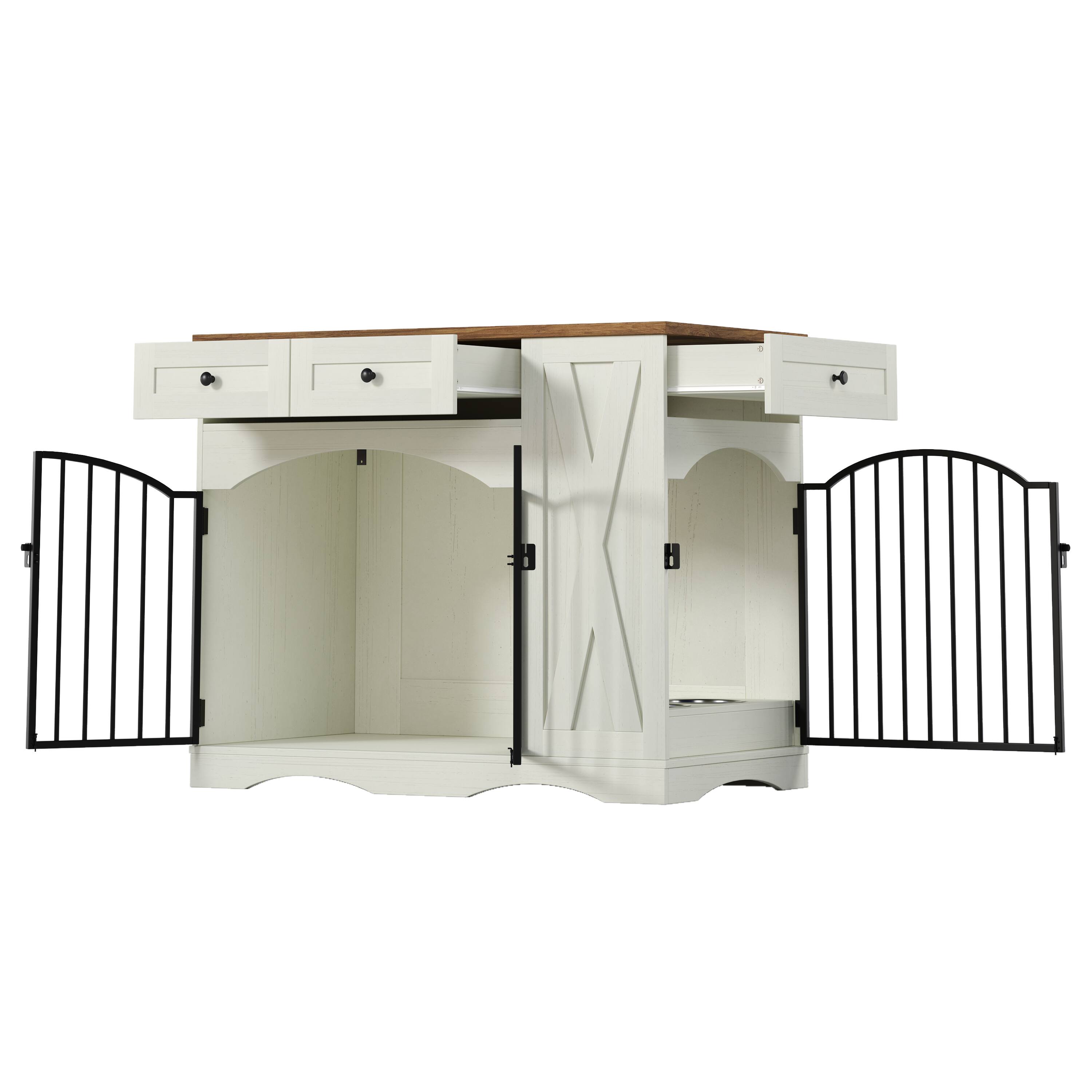 Alt View 4. Runesay - 43.3in Beige and Brown Heavy Duty Farmhouse Indoor Wooden Dog Crate Kennel Furniture  End Table with 3 Drawers.