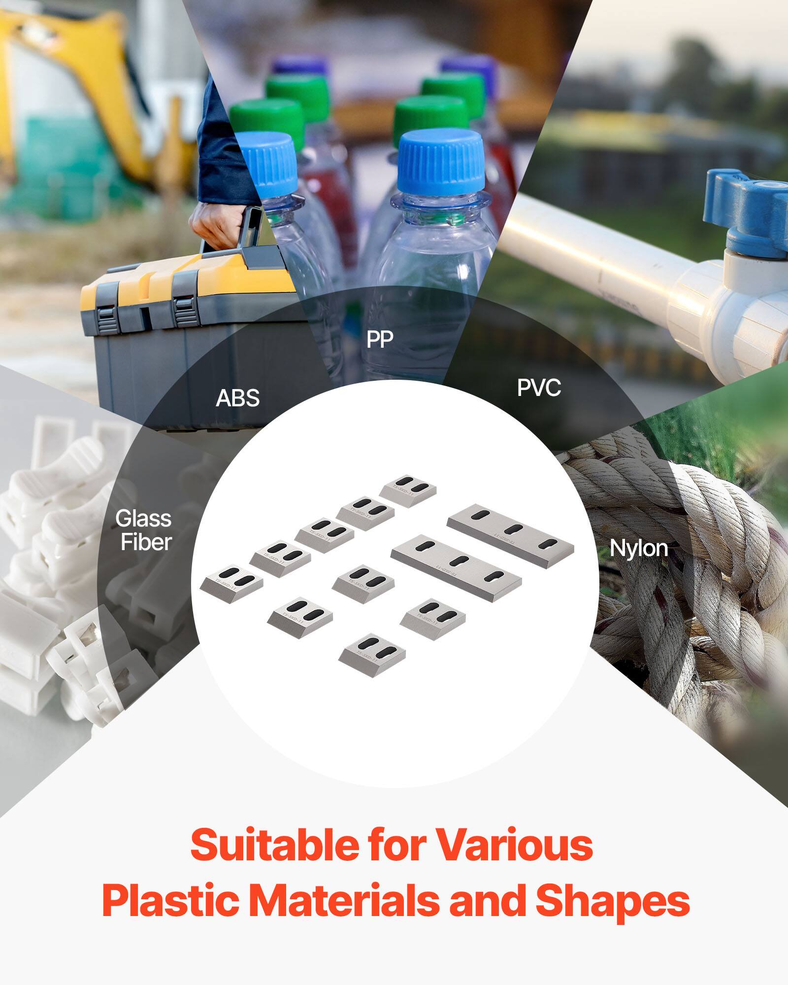 PP ABS PVC Glass Fiber Nylon  
Suitable for Various Plastic Materials and Shapes