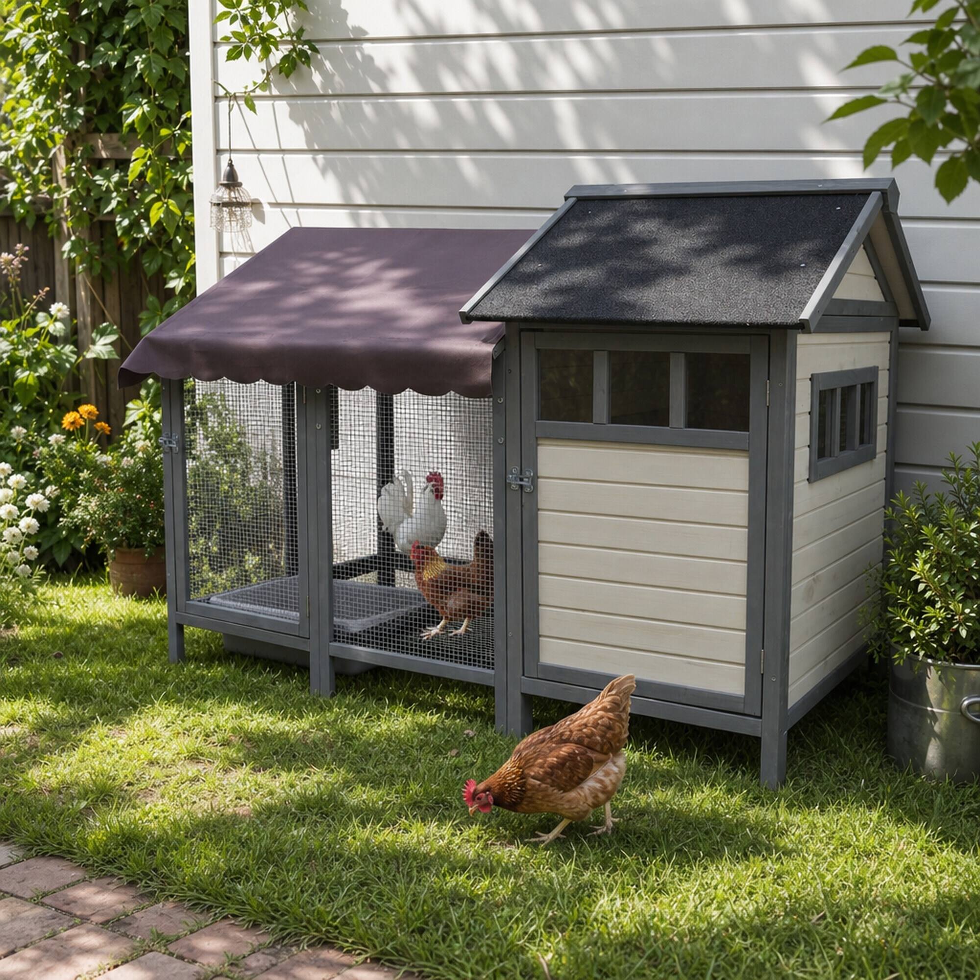 Alt View 1. RYHNUYNE - Wooden Outdoor Chicken Coop, 67.3 in Long, Holds 6 to 8 Birds, Waterproof Felt Roof, Movable Run.