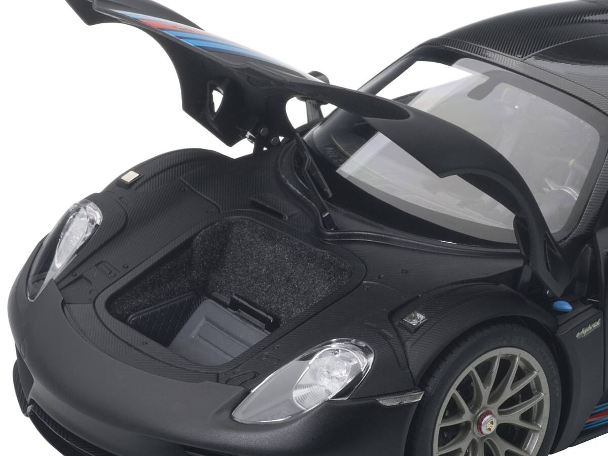 Left. Autoart - Porsche 918 Spyder Weissach Package Black/ Martini Livery #15 1/18 Model Car  by Autoart - Black/ Martini.