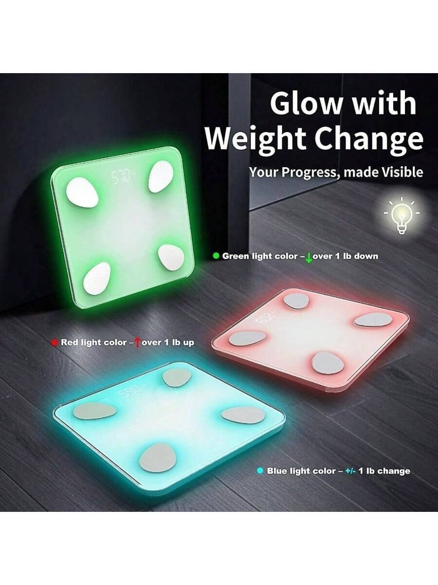 Glow with Weight Change  
Your Progress, made Visible  

Green light color – over 1 lb down  
Red light color – over 1 lb up  
Blue light color – +/- 1 lb change