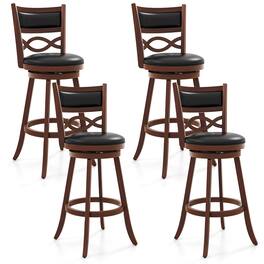 Gymax - 29'' Bar Height Stools Set of 4 w/Rubber Wood Frame Faux Leather Upholstered Seat - Brown, Black