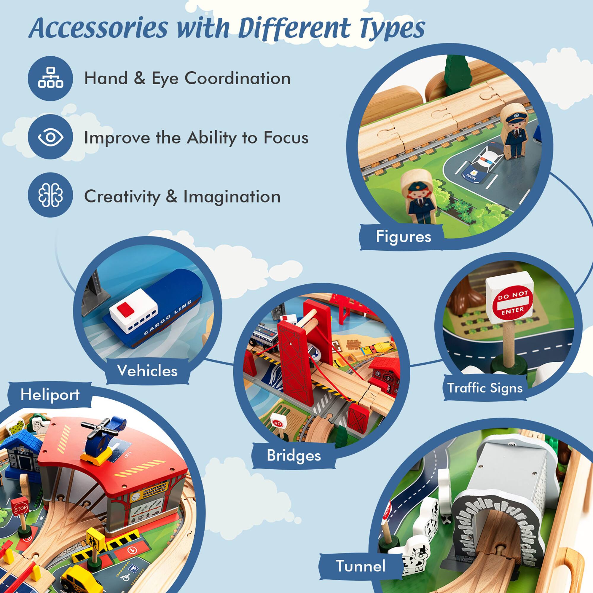 Accessories with Different Types

- Hand & Eye Coordination
- Improve the Ability to Focus
- Creativity & Imagination

Figures

Vehicles

Traffic Signs

Bridges

Tunnel

Heliport