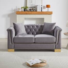 Anysun - Classic Modern Style Sofa – 62" Chesterfield Classic Rolled Arm Tucked-in Nailhead Decor Cloud Two-Seater Velvet Sofa - Gray