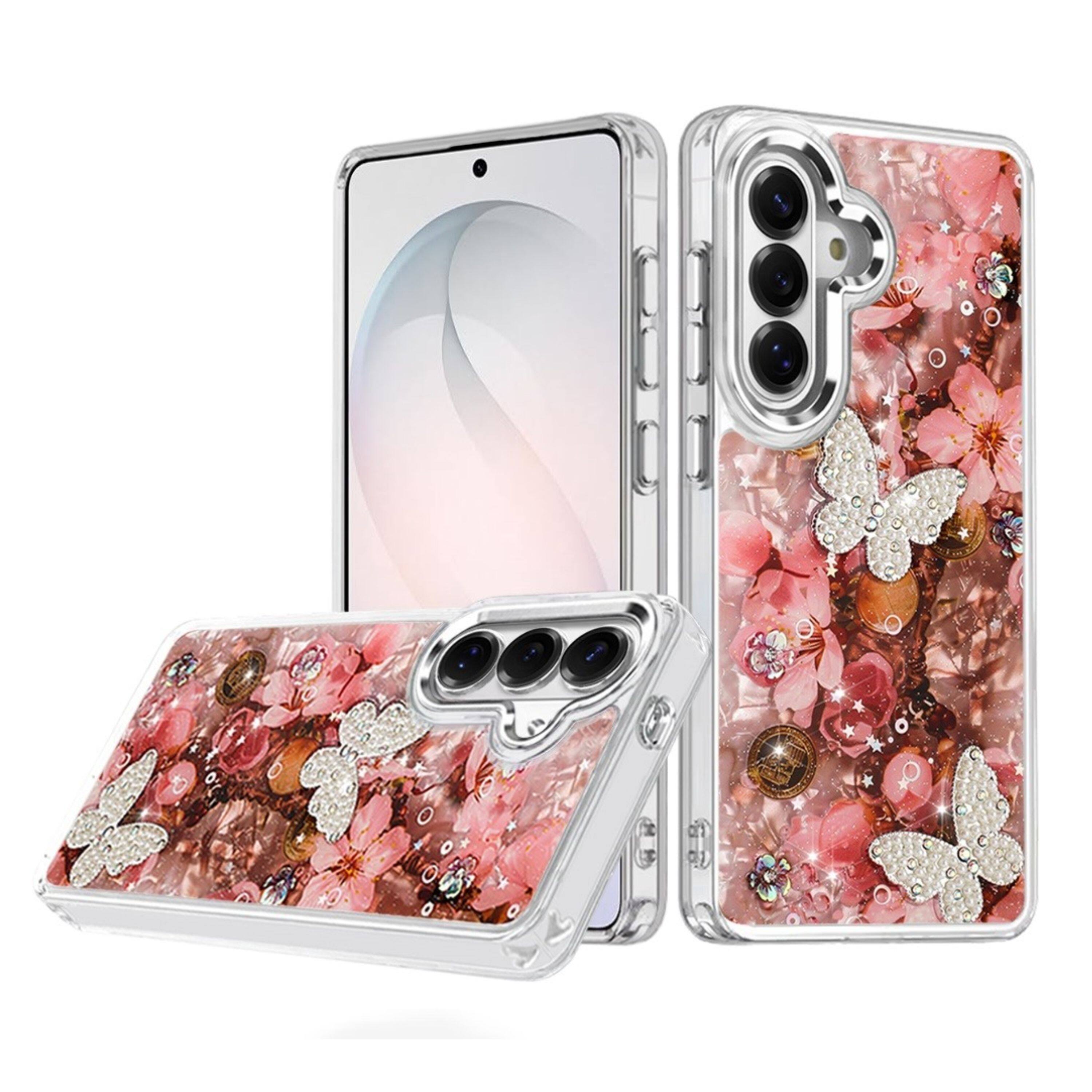 Angle. Kitcheniva - Epoxy Glitter 3D Beaded Butterflies Design Phone Case With Tempered Glass For Samsung Galaxy S26 Color D - Multicolor.