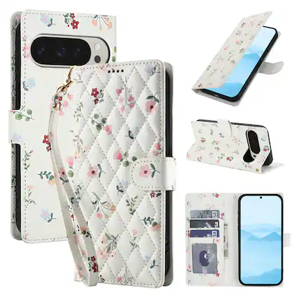 Front. Dteck - Floral Wallet Case for Google Pixel 10 Pro XL with Wrist Strap, Premium PU Leather Shockproof Protective Flip Cover - A.
